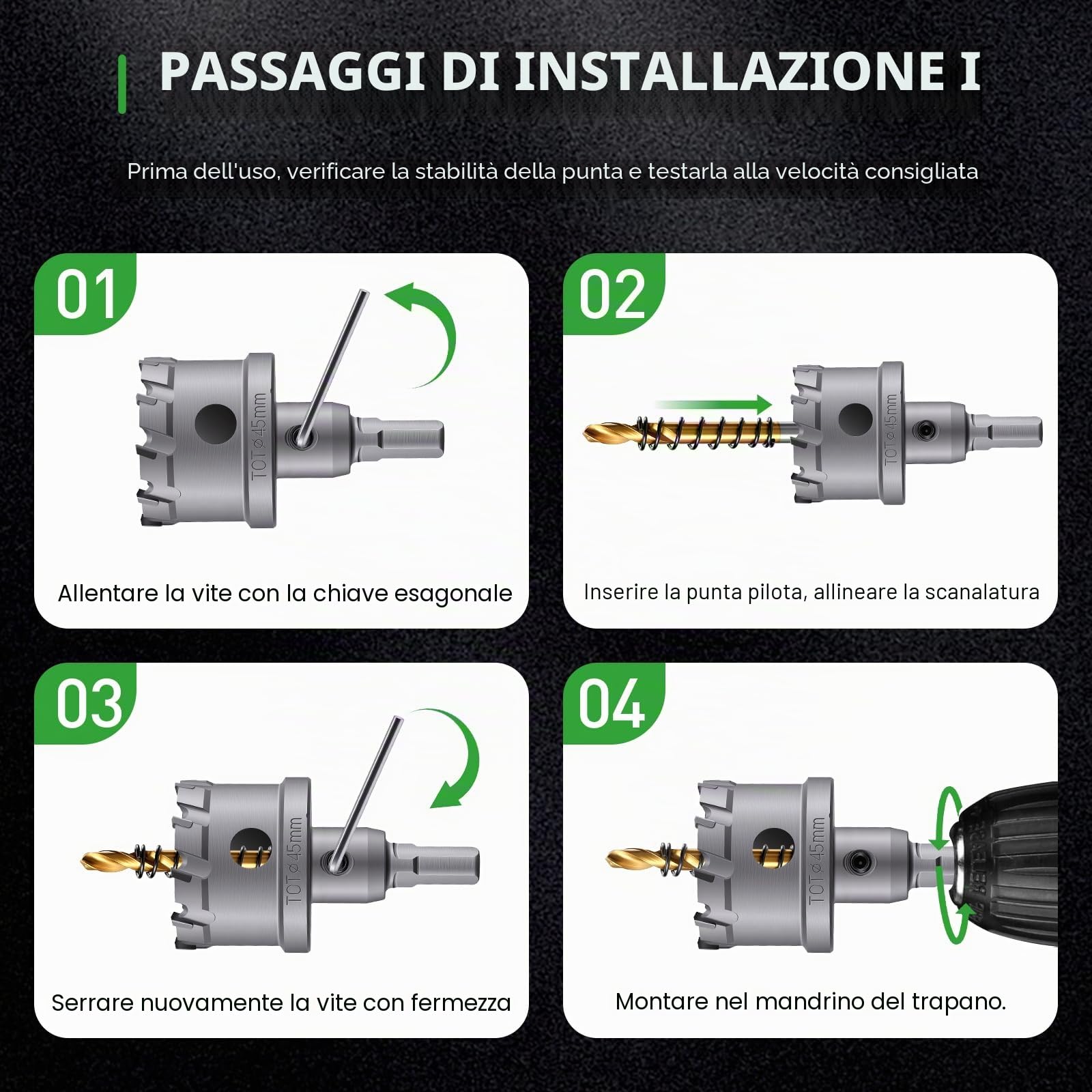 WORKEASE Kit seghe a tazza TCT 16 pezzi 5/8"-2"-1/4", set frese a tazza per acciaio inossidabile, ferro, rame, ottone