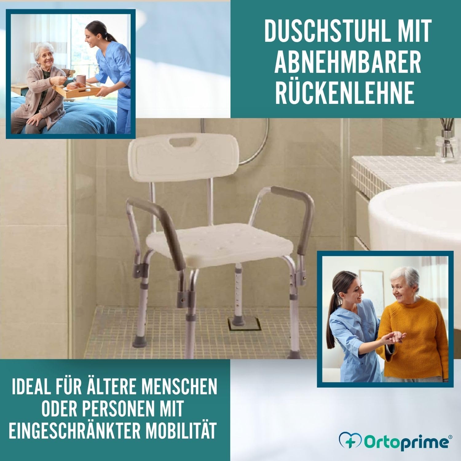 OrtoPrime Duschstuhl mit Rückenlehne und Armlehnen – Höhenverstellbarer Pflegestuhl für Senioren – Rutschfester Duschsessel mit Abnehmbarer Lehne – Badestuhl bis 150 kg belastbar