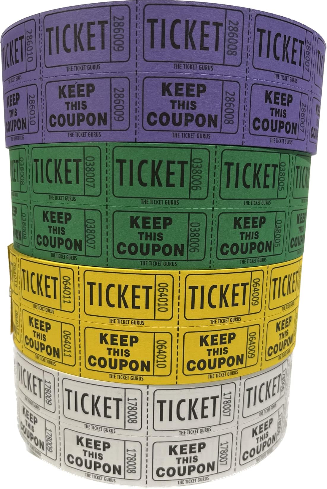 The Ticket Gurus - 4 Rolls of 2000 Double Tickets (Purple/Green/White/Yellow) - 8,000 Total 50/50 Raffle Tickets