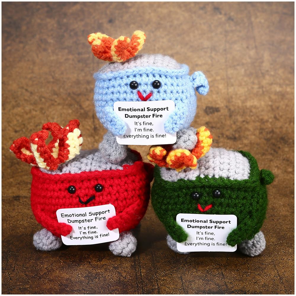 RovyFota Emotional Support Crochet Dumpster Fire with Positive Card Cute Room Decor Knitted Toys Funny Crochet Support Buddies Gifts for Friends (Green&amp;Blue&amp;Red)