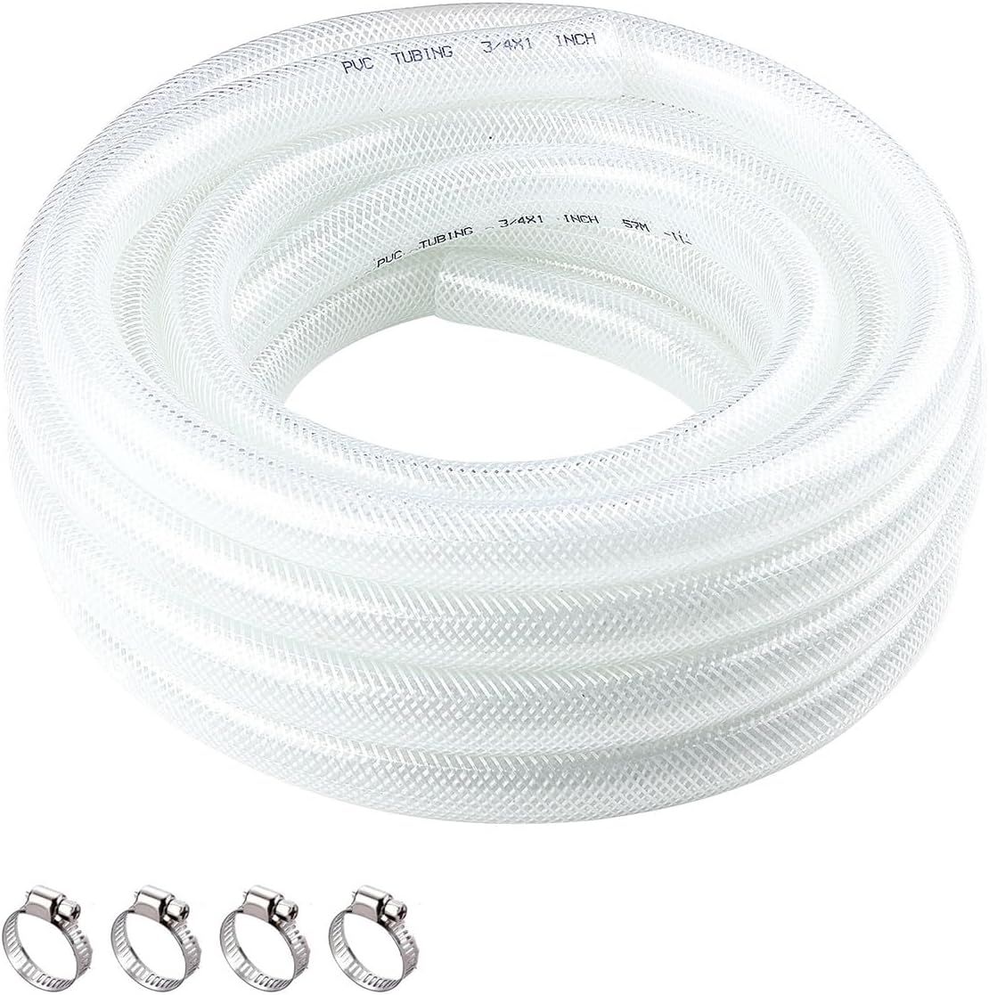 High Pressure Braided Clear Flexible PVC Tubing 3/4" ID x 1" OD - 25 Ft Heavy Duty Reinforced Vinyl Hose with 4 Stainless Clamps.