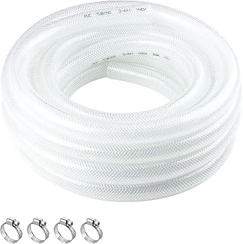 High Pressure Braided Clear Flexible PVC Tubing 3/4" ID x 1" OD - 25 Ft Heavy Duty Reinforced Vinyl Hose with 4 Stainless Clamps.