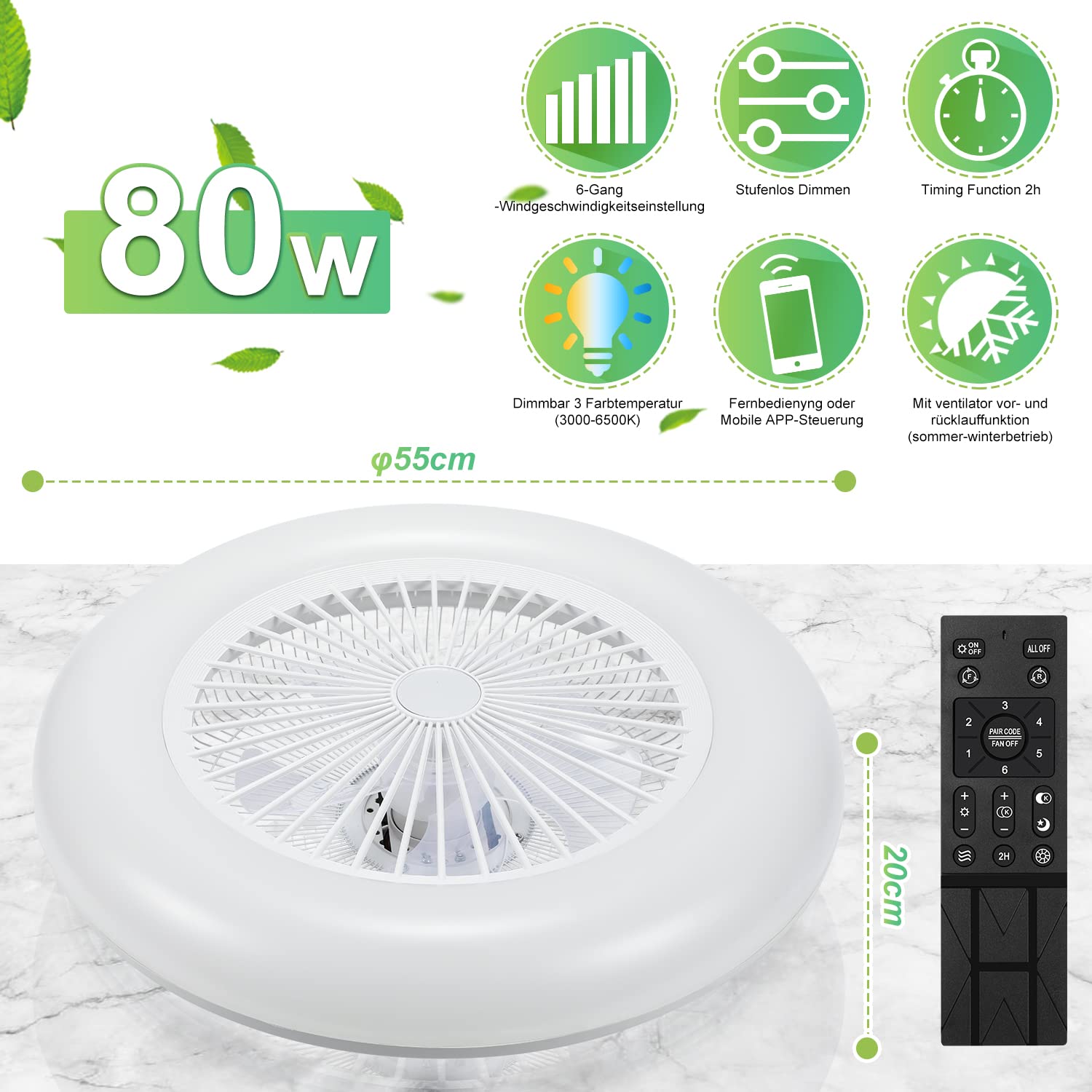 Vigevee 2 pezzi 80W Ventilatore da Soffitto con Luce, Ventilatore LED Dimmerabile con Telecomando e App, Modalità Estate e Inverno, 6 Velocità Della, 3 Light Color Change 3000-6500K(φ55cm)