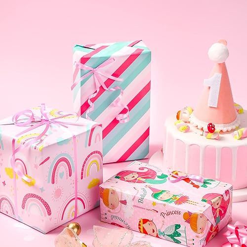 Miniatura 2 de LeZakaa Rollo de papel de regalo de cumpleaños mini rollo diseño de sirenaarco irisrayas para niñas niños y mujeres 17 x 120 pulgadas 3 rollos 425