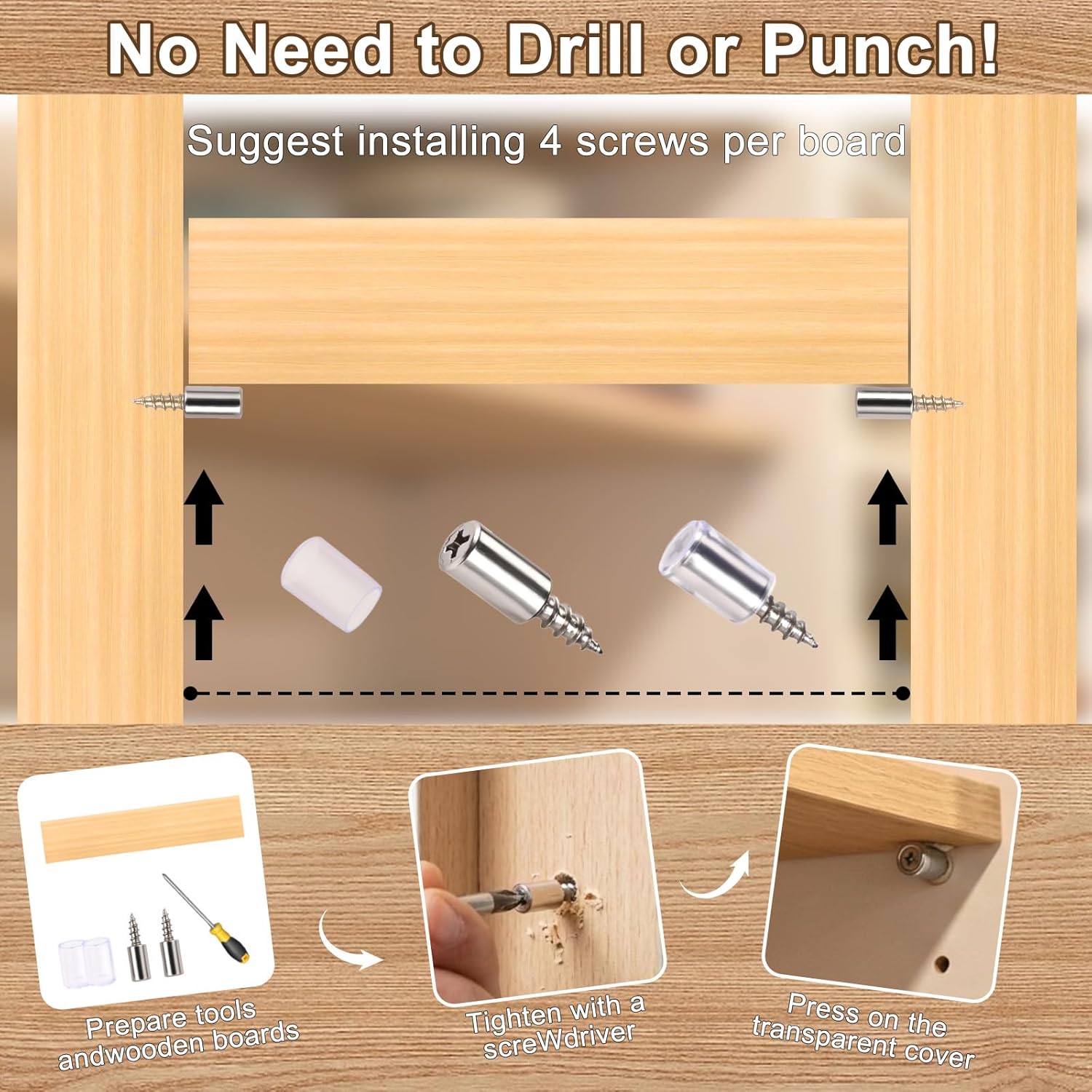 50 Pcs Cabinet Shelf Support Pegs, Self-Tapping Screws with Non-Slip Sleeves, Laminate Fixed Support Pins for Cabinets, Bookcases, Wardrobes and Furniture Shelves