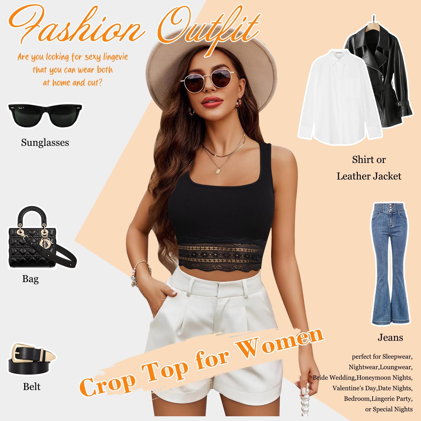 Débardeur Femme Crop Top Sexy Été Carré Y2K Tank Tops Camisole Shirt | Basic Top, Épissage Dentelle, Maille Côtelée, Col en Carré, Haut Sans Manches, Chic, Élégant, Slim Fit, T Shirt Extensible