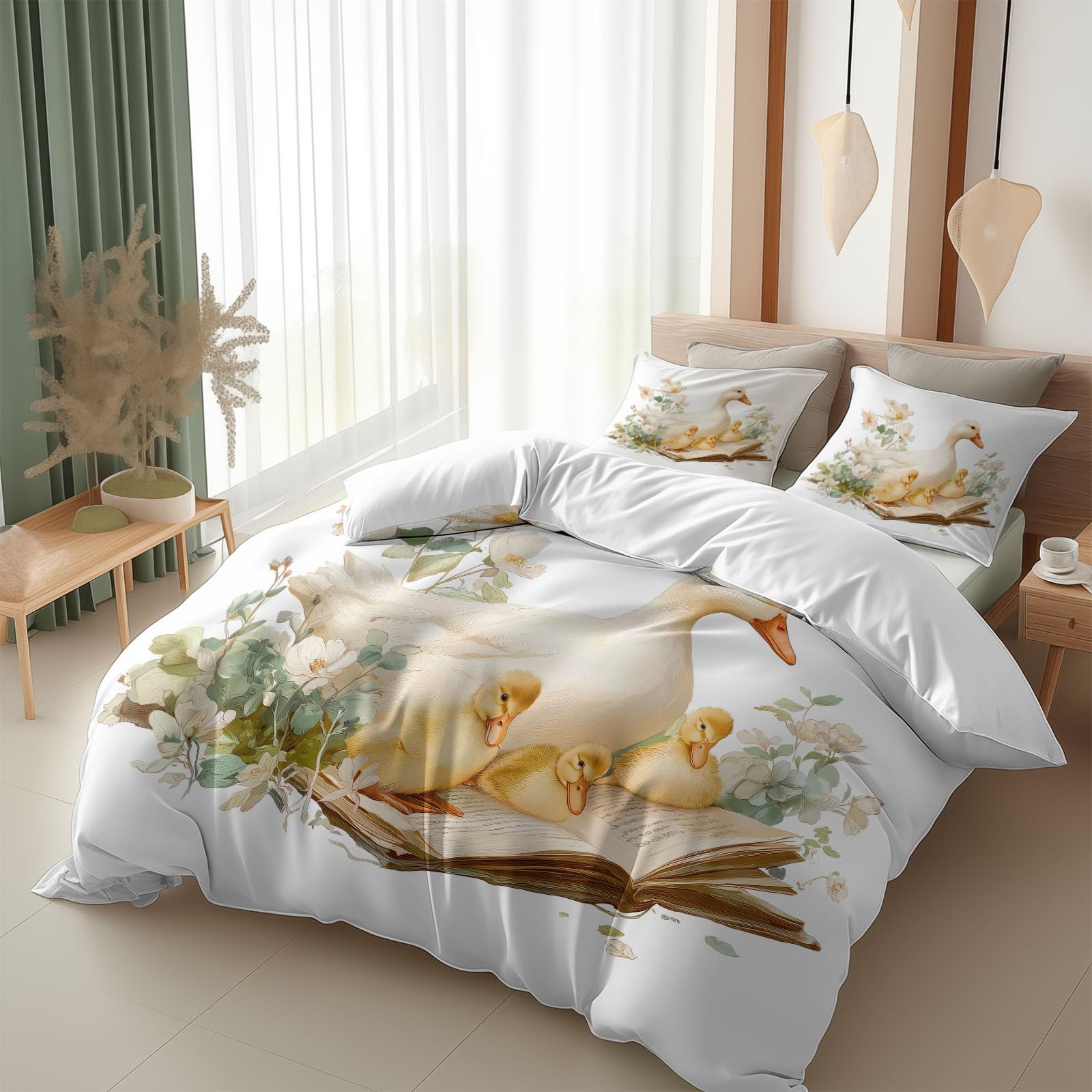 Set copripiumino matrimoniale beige, disegnato a mano, stile rurale, animali, anatre, in morbida microfibra, con chiusura a cerniera e lacci angolari, facile da pulire, set di biancheria da letto di