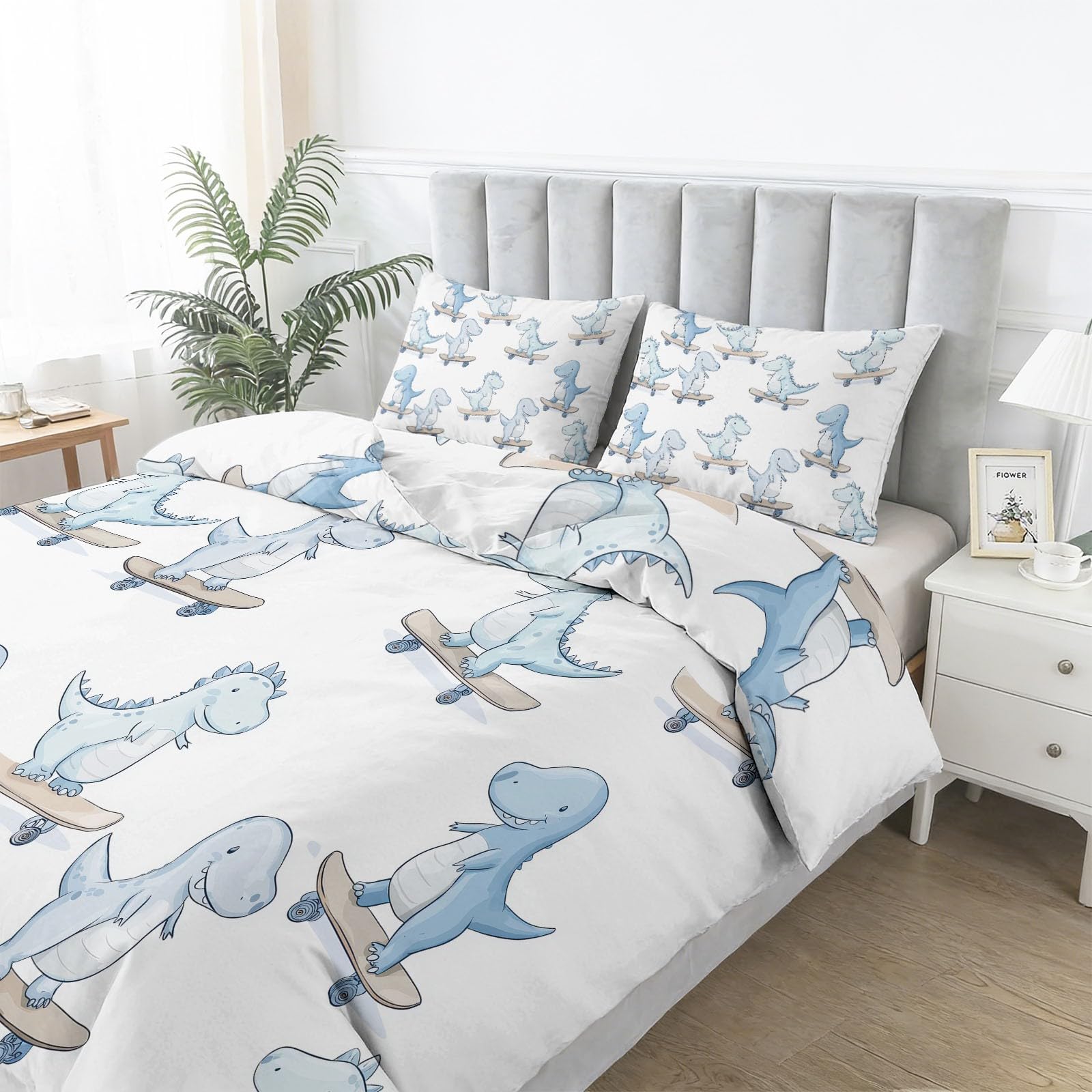 Poszwa na kołdrę 200 x 200 cm niebieski biały dinozaur deskorolka uroczy - 2-osobowy zestaw pościeli z miękkiej mikrofibry - zestaw pościeli z zamkiem błyskawicznym i 2 poszewkami na poduszki