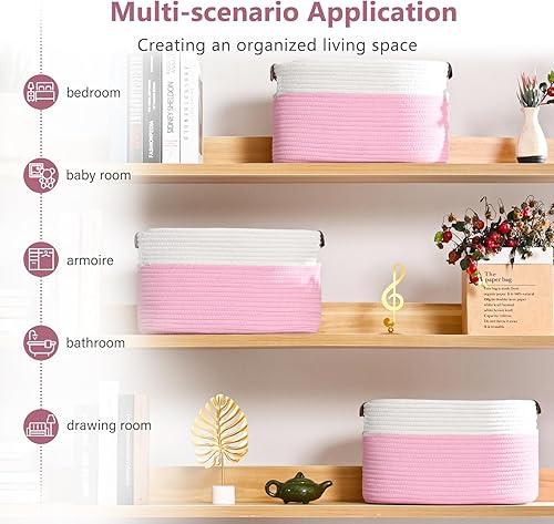 Miniatura 5 de Paquete de 2 cestas de almacenamiento de cuerda de algodón, 15 x 10 x 9 pulgadas, contenedores de almacenamiento plegables, canastas decorativas