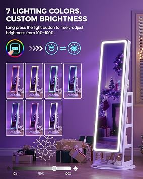 Dystler RGB Jewelry Cabinet with Full Length Mirror, 360 Rotating Lockable | 12-Zone Velvet Floor Standing Jewelry Organizer | 108 Earring Slots, 24 Necklace Hooks, RGB+LED, Remote Control, Ideal Gift