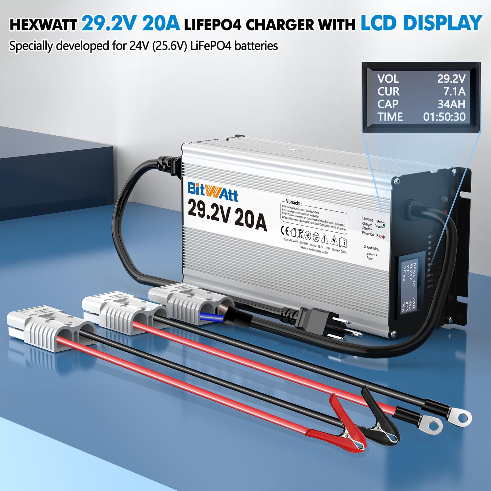LiFePO4 - Caricatore 24 V, 20 A, 29,2 V, al litio, con LCD