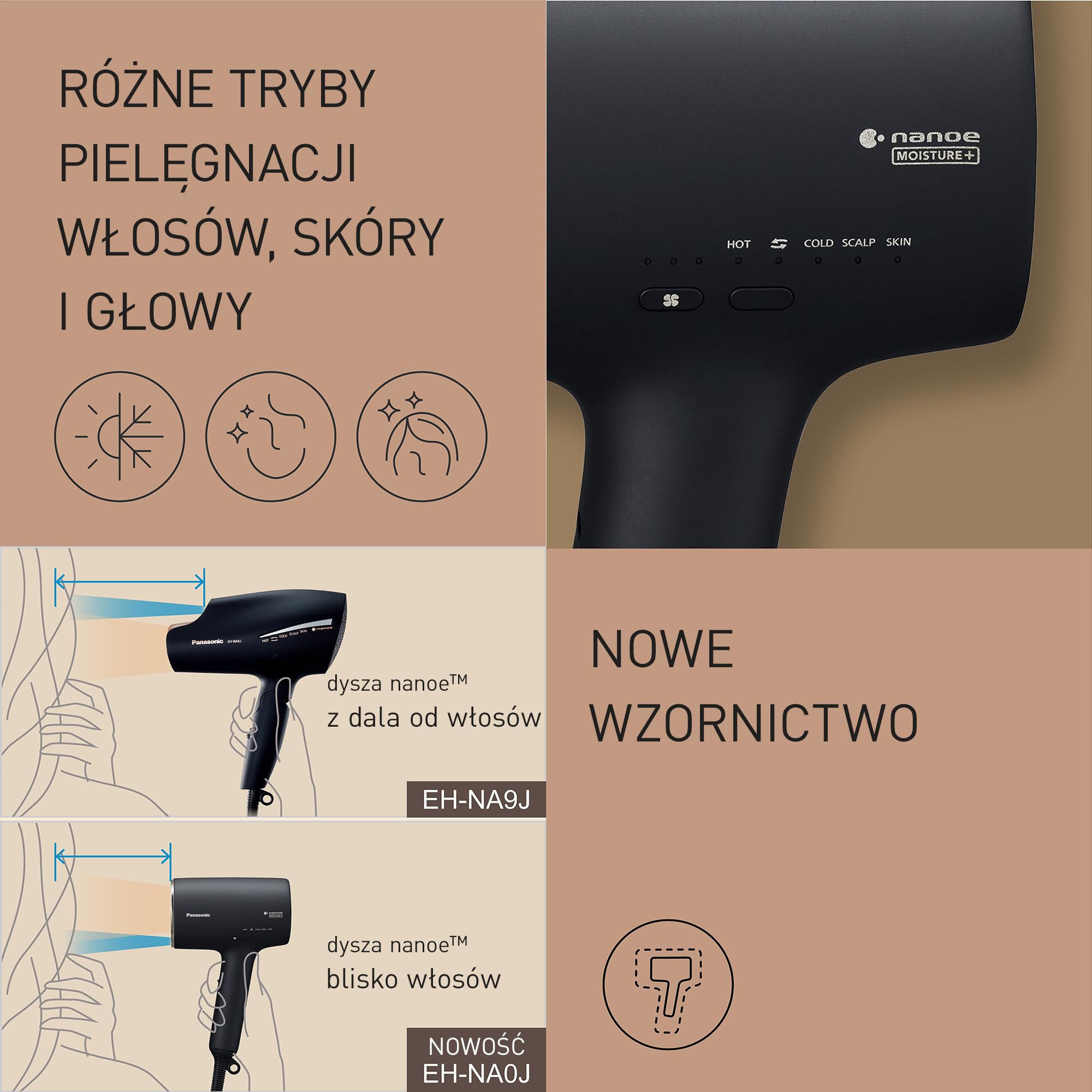 Panasonic EH-NA0J suszarka do włosów z technologią nanoe™ MOISTURE+ i Mineral (1600 W, 4 tryby temperatury, dysza koncentrująca, dyfuzor), czarna