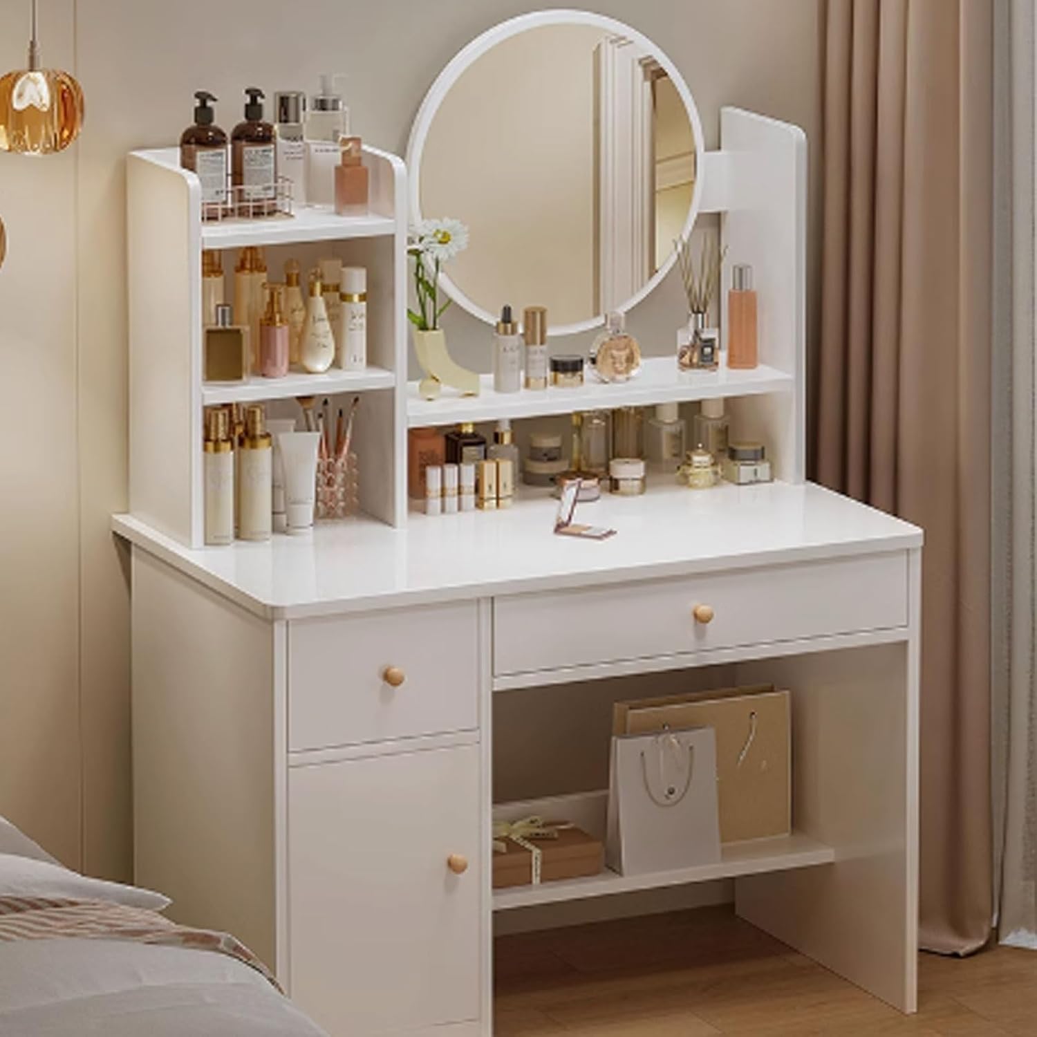 Makeup Vanity Desk, Corner Vanity Desk, Small Vanity Desk with Mirror, Makeup Desk with Drawers Small White Engineered Wood(HD Mirror,Without Stool)