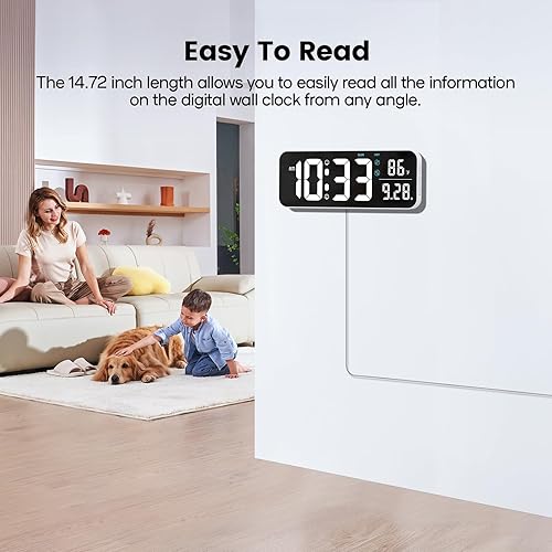 Miniatura 2 de Deeyaple Reloj de pared digital, pantalla LED de 14.6 pulgadas, pantalla grande, fecha, temperatura, 1224 horas, control remoto, 10 brillo