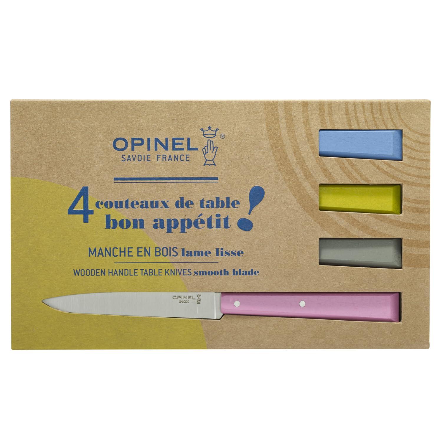Opinel - Scatola di 4 Coltelli da Tavola N°125 Bon Appétit Campagne - Lama in Acciaio Inossidabile - Manico in Carpino - Fabbricazione Francese - Rosa, Grigio, Tiglio e Azzurro.