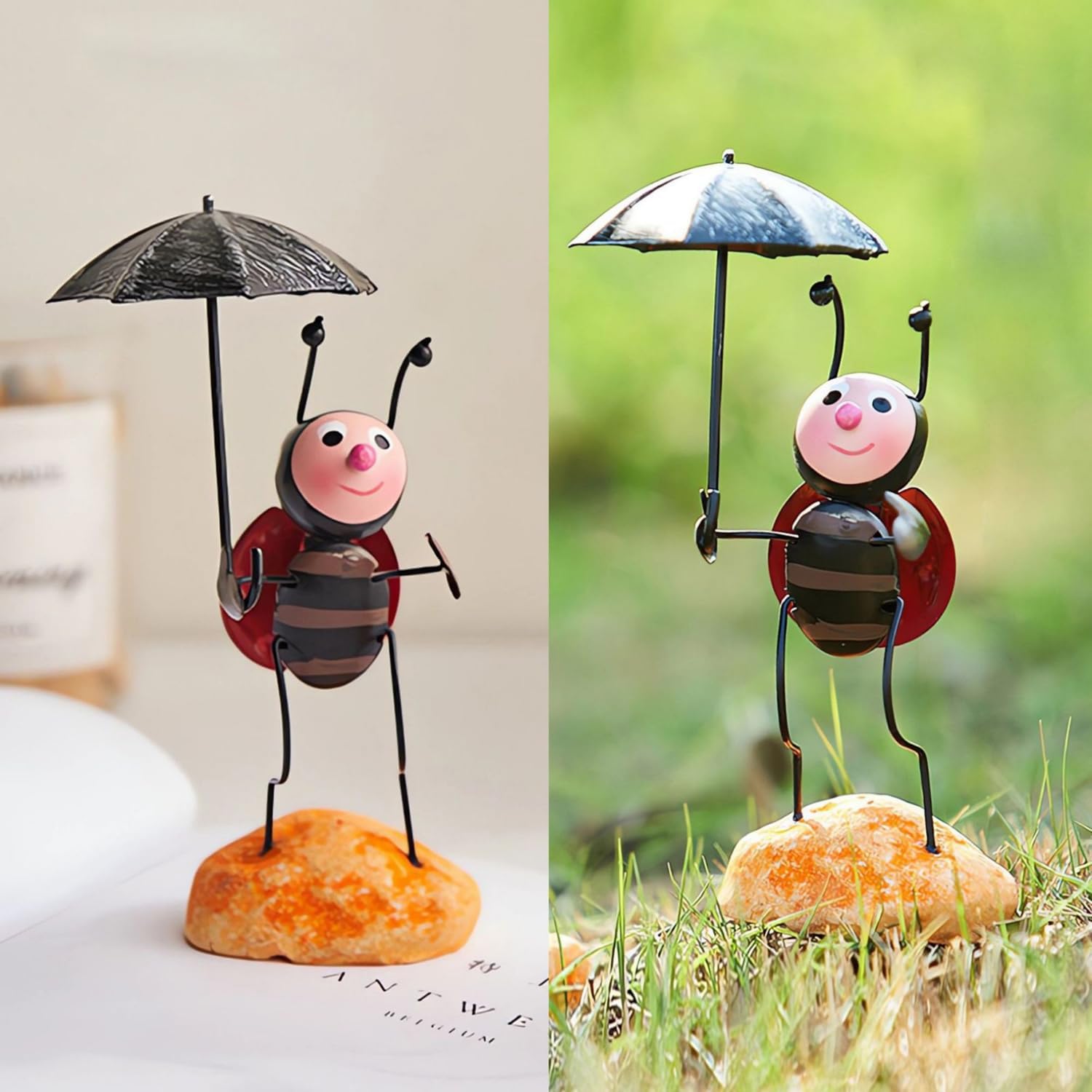 OwMellCute Metal Ladybug Statue Ladybug Figurine for Indoor & Outdoor Decor,Yard Art & 3D Sculpture Decoration - Umbrella Ladybug