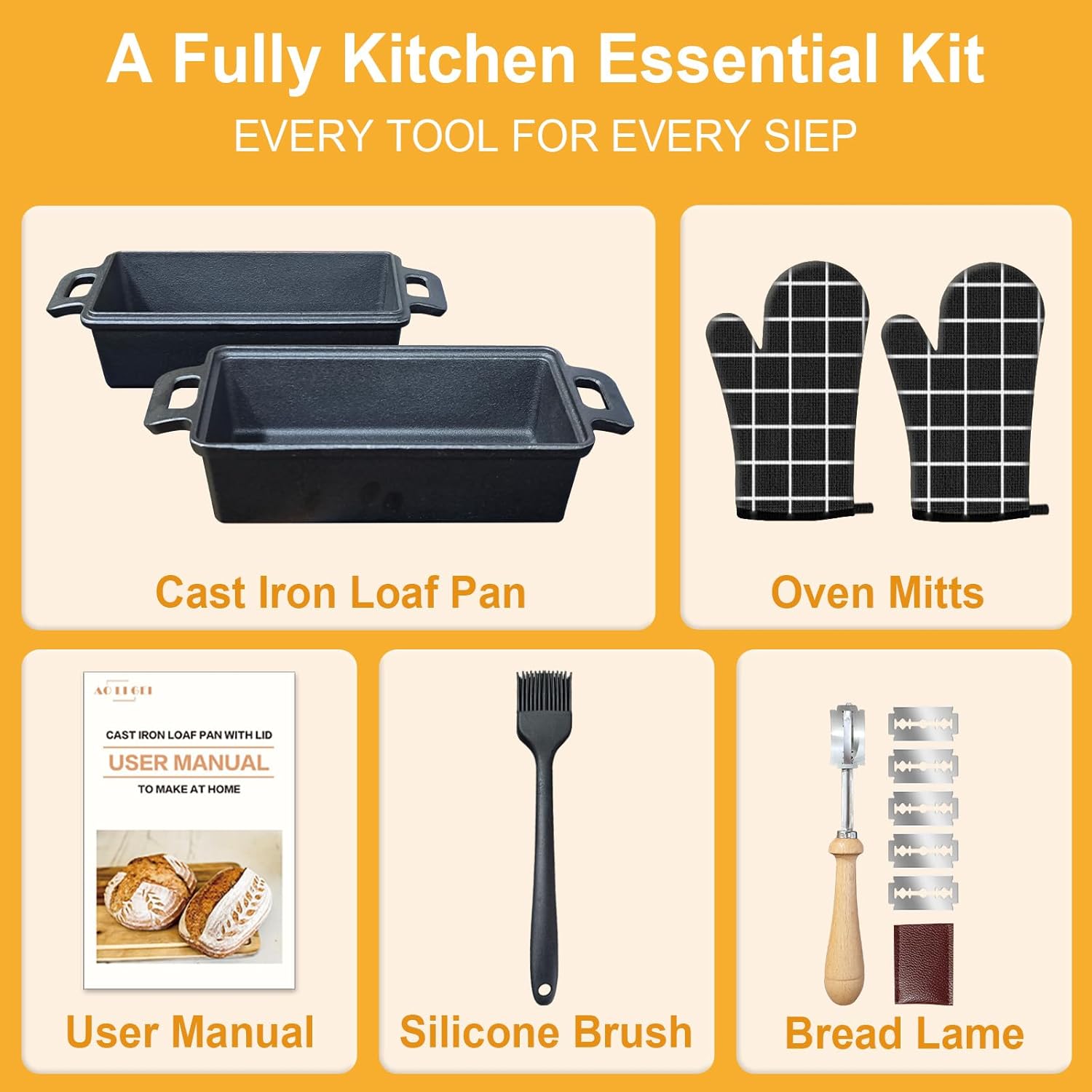 Cast Iron Bread Loaf Pan with Lid 9x5 Inch,2 in 1 Bread Pands Even Heat Bread Baking Pan for Homemade Bread, Sourdough, Meatloaf, Set of 2 Loaf Pans with Oven Mitts, Lame Baking Tool, Pastry Brush