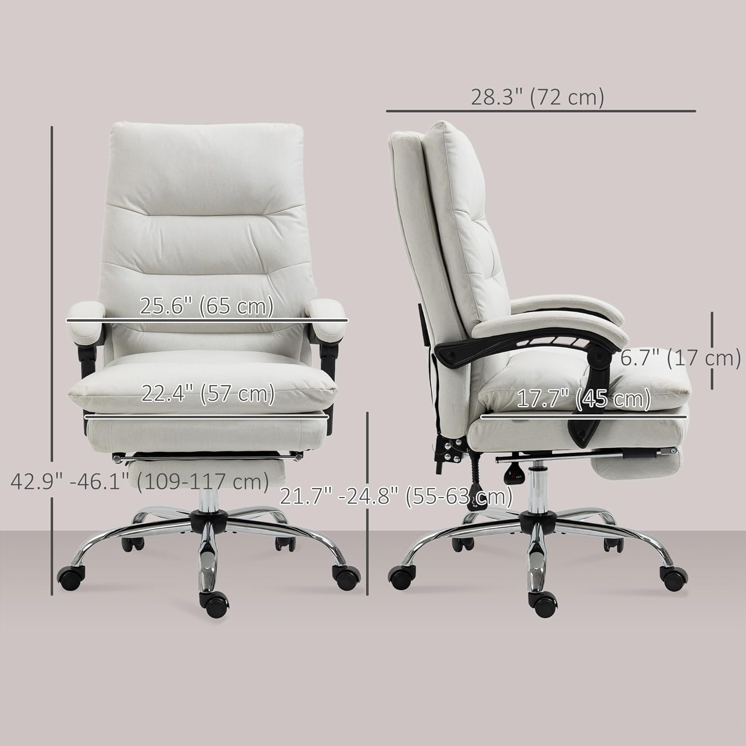 Diagram showing detailed dimensions of the Vinsetto office chair in inches and centimeters