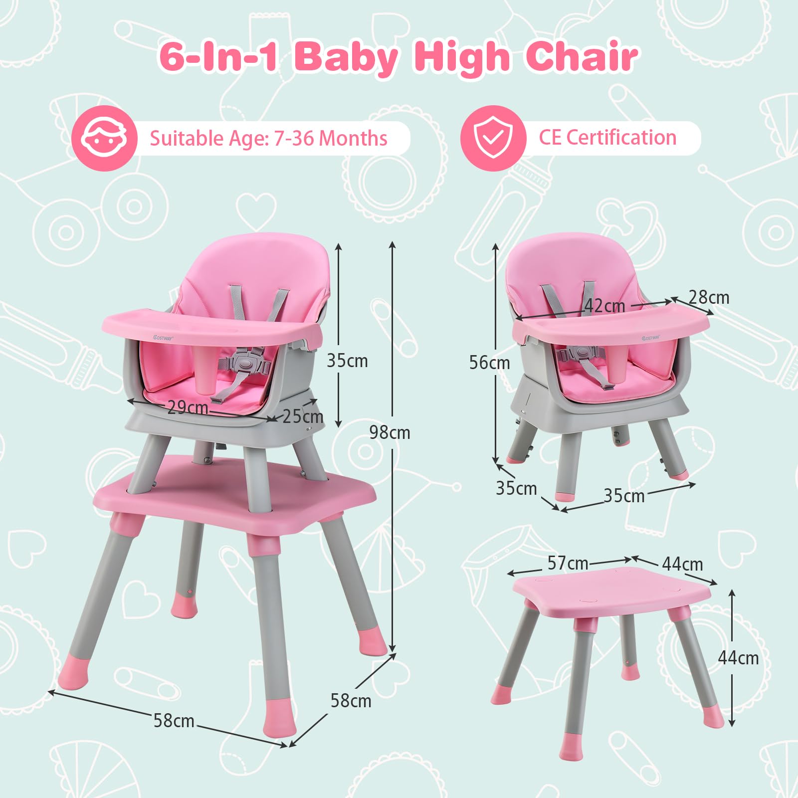 RELAX4LIFE 6 en 1 Trona Bebé con Arnes de 5 Puntos y Cojín Desmontables, Tronas de Bebe Portátil con Bandeja Ajustable y Extraíble, Mesa y Silla Infantil para Niños 6+ Meses, Carga 25kg (Rosa)