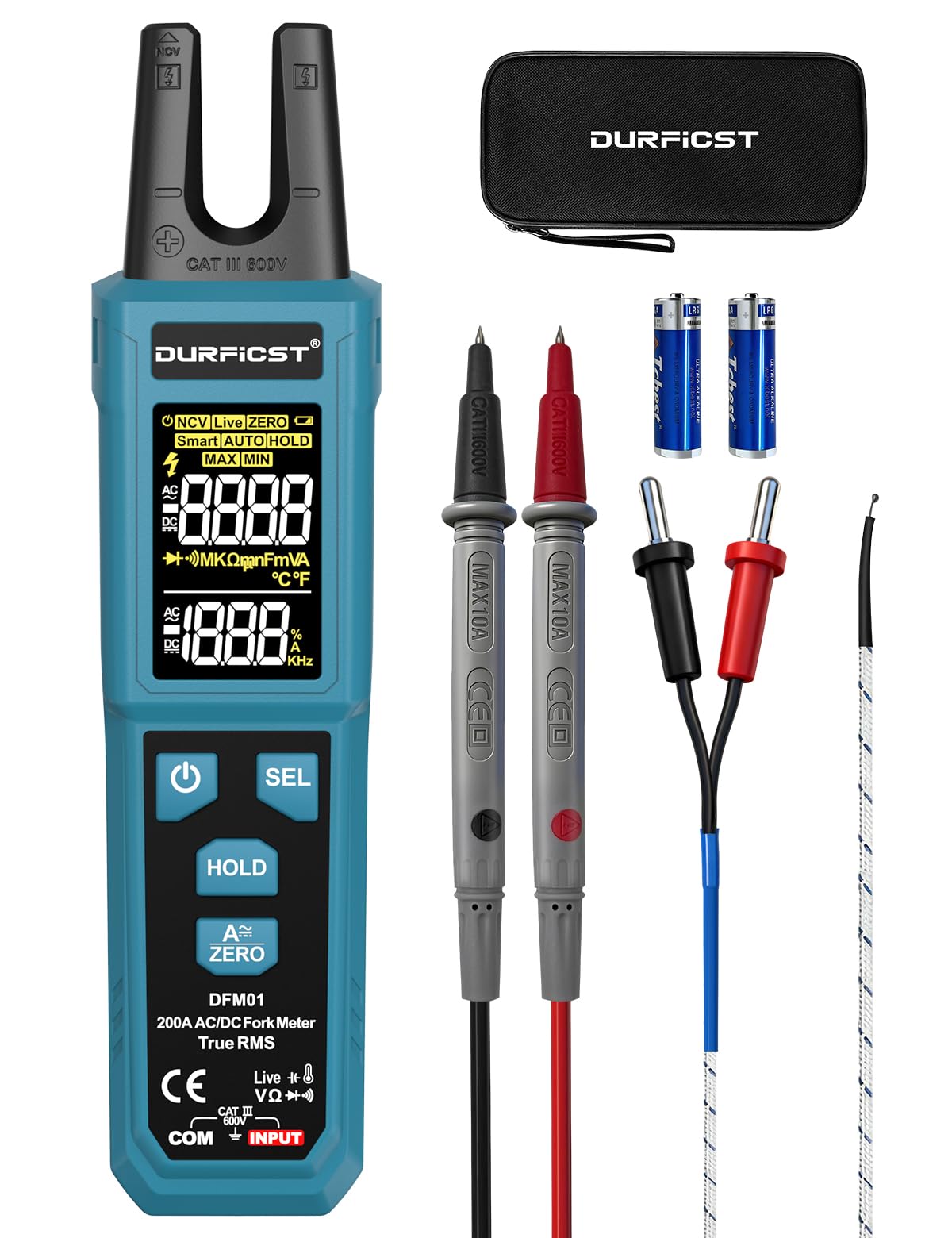 Stromzange, DURFICST Digitale Strommesszange TRMS 4000 Counts, Zangenamperemeter mit 200A AC/DC-Strom- und 600V Spannungsmessung, NCV, Kapazitätsmessung, Durchgangsprüfung, Temperaturmessung
