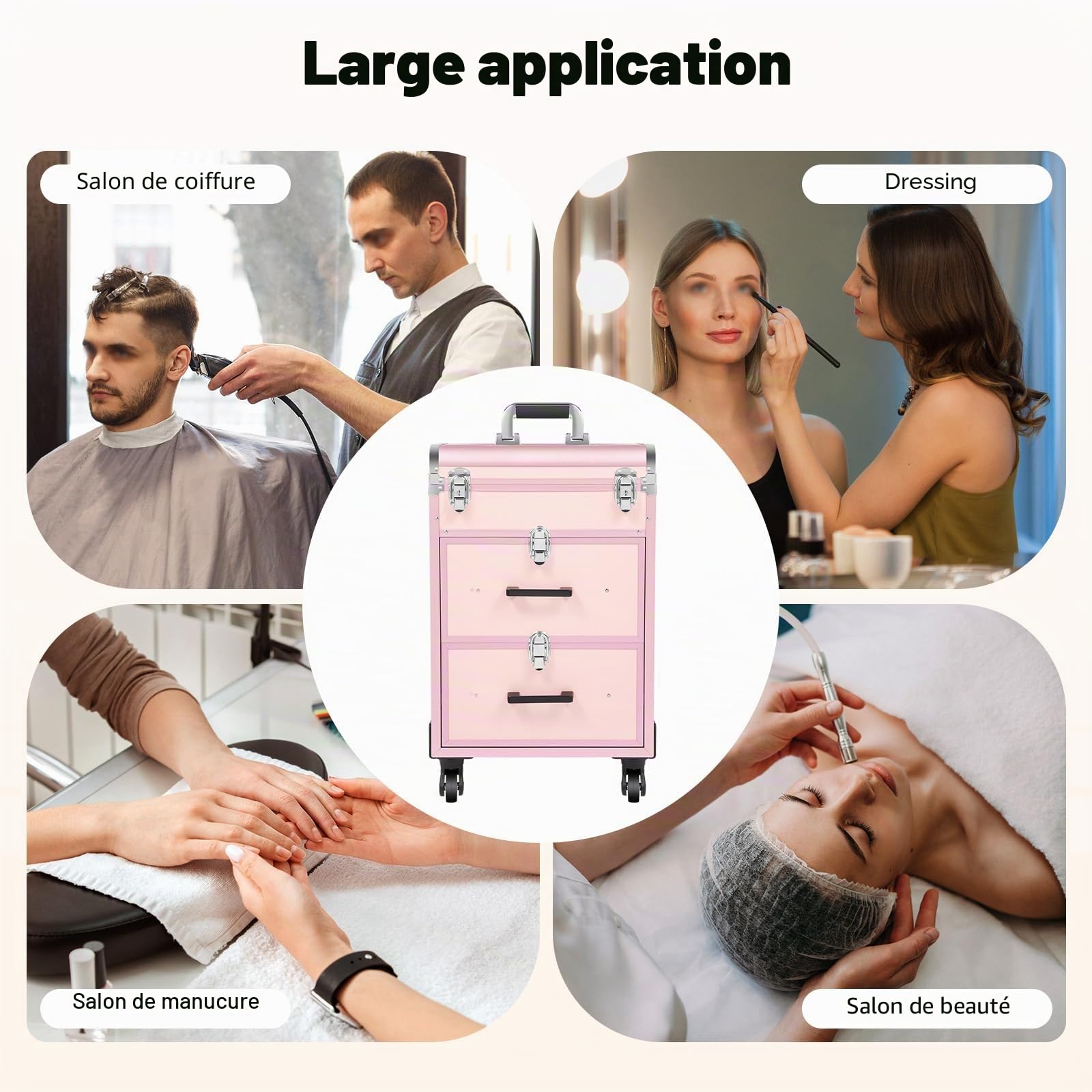 Valise cosmétique à roulettes avec tiroir, Valise professionnelle à roulettes pour maquillage et ongles, Grande valise à maquillage verrouillable pour femmes avec roues pour voyage