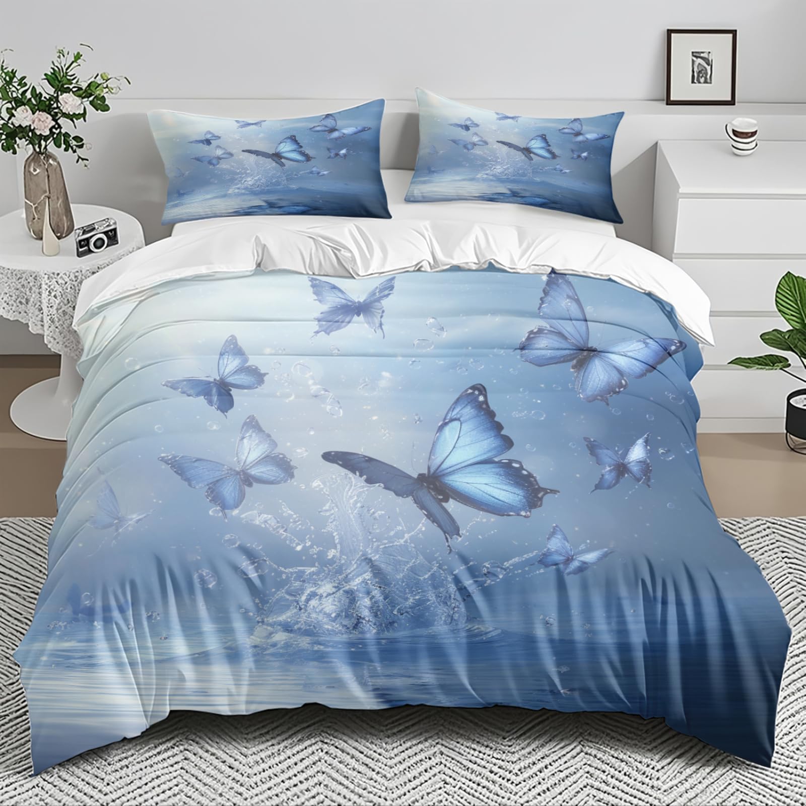 Housse de couette 140x200 insectes bleus en microfibre avec 2 taies d'oreiller