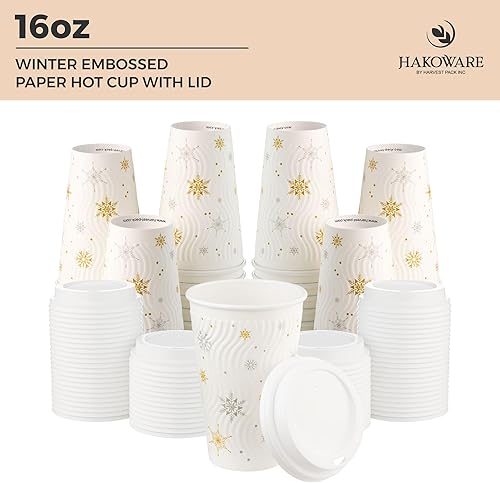 Miniatura 9 de Paquete de 100 tazas de café de Navidad de 16 onzas, vasos de papel desechables de invierno con copos de nieve blancos, vasos de papel de pared con