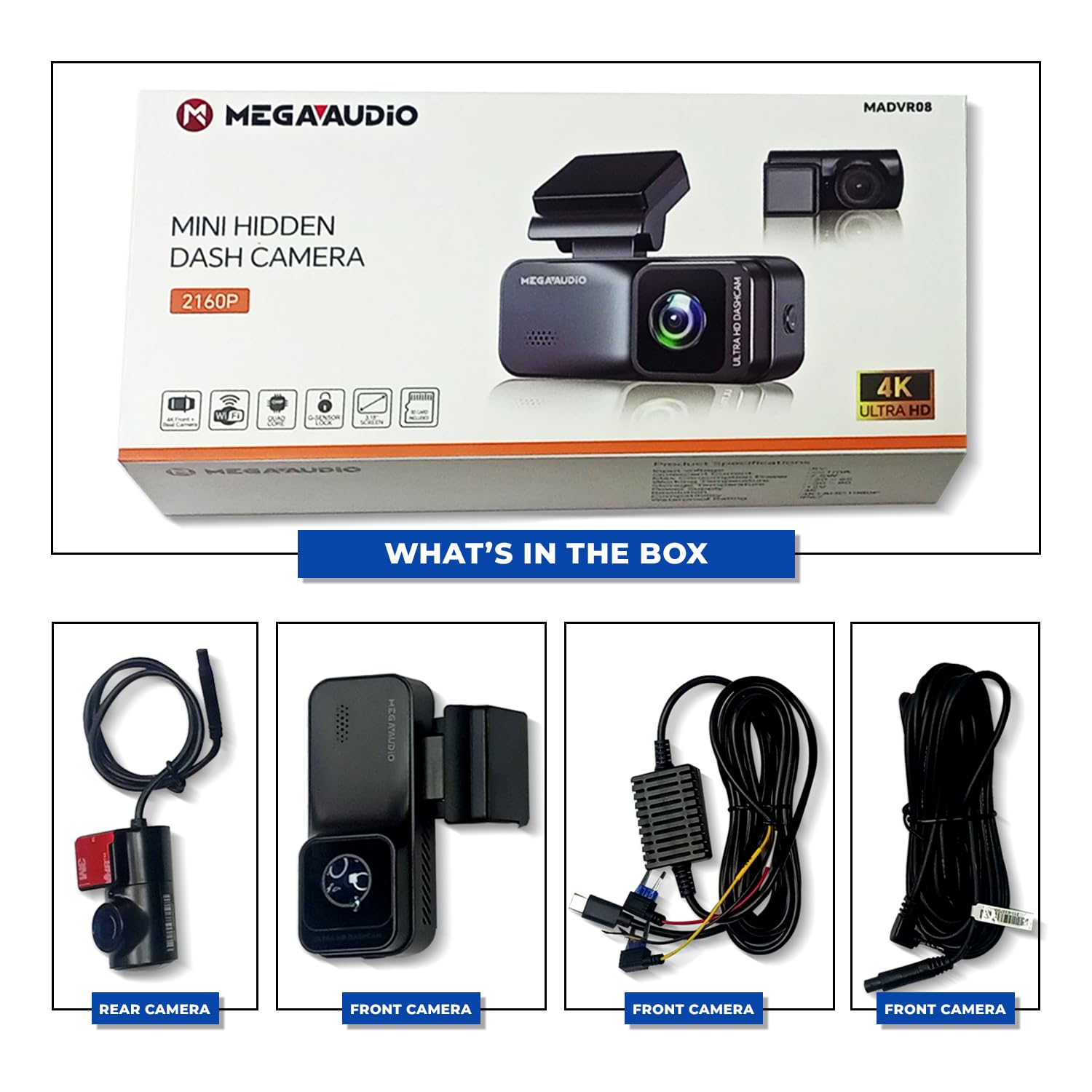 MEGAAUDIO MADVR08 4K Dash Cam | 3.18" Screen | 4096x2160 Front & 1920x1080 Rear | Wi-Fi & GPS | Night Vision | Parking Monitor | G-Sensor | Loop Recording | App Control | 64GB TF Card 4