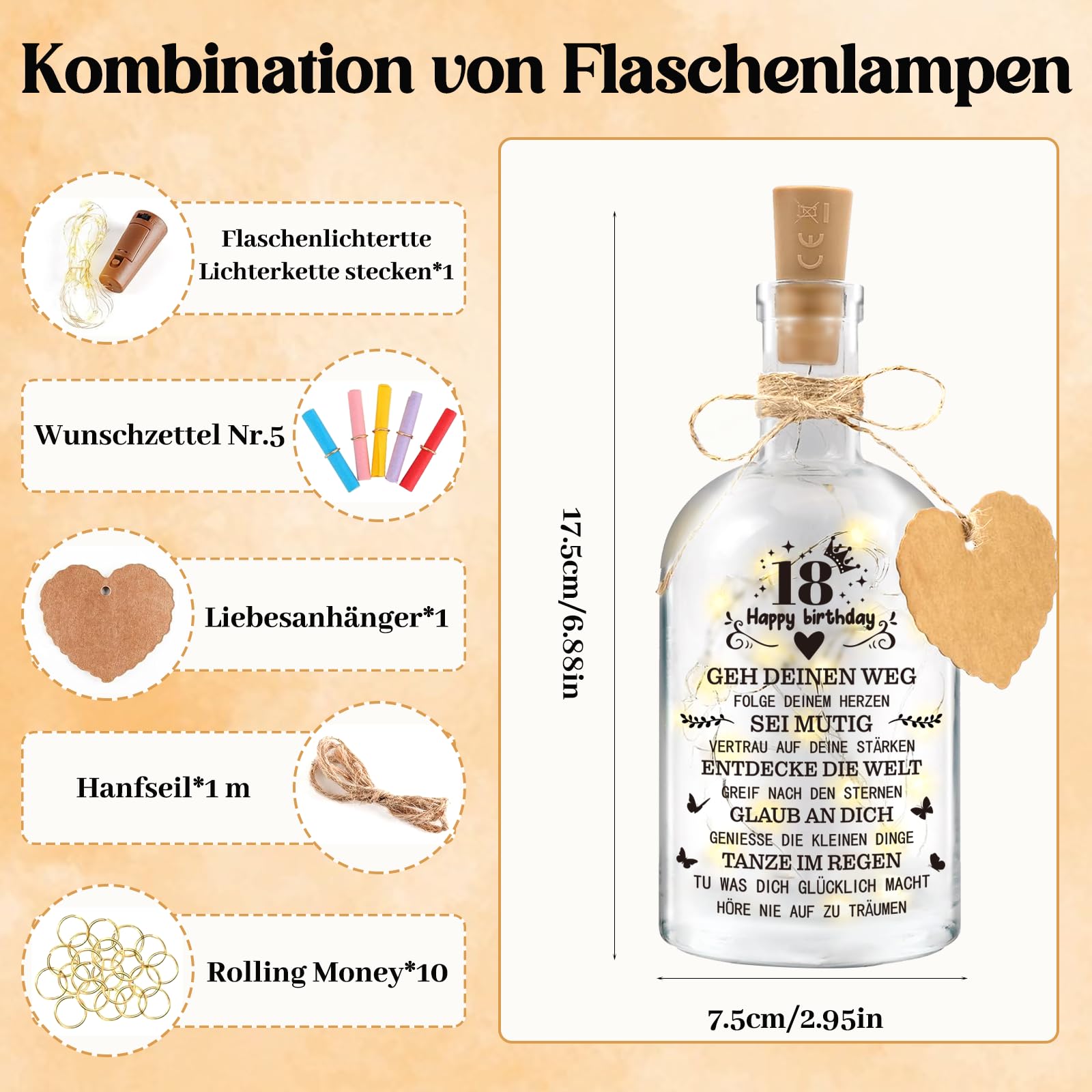 Geldgeschenk 18 Geburtstag Mädchen Junge, LED Flaschenlicht, Geldgeschenke Verpackung Geburtstag, 18. Geburtstag für Mädchen Junge Mann Frau Beste Freundin Schwester Familie