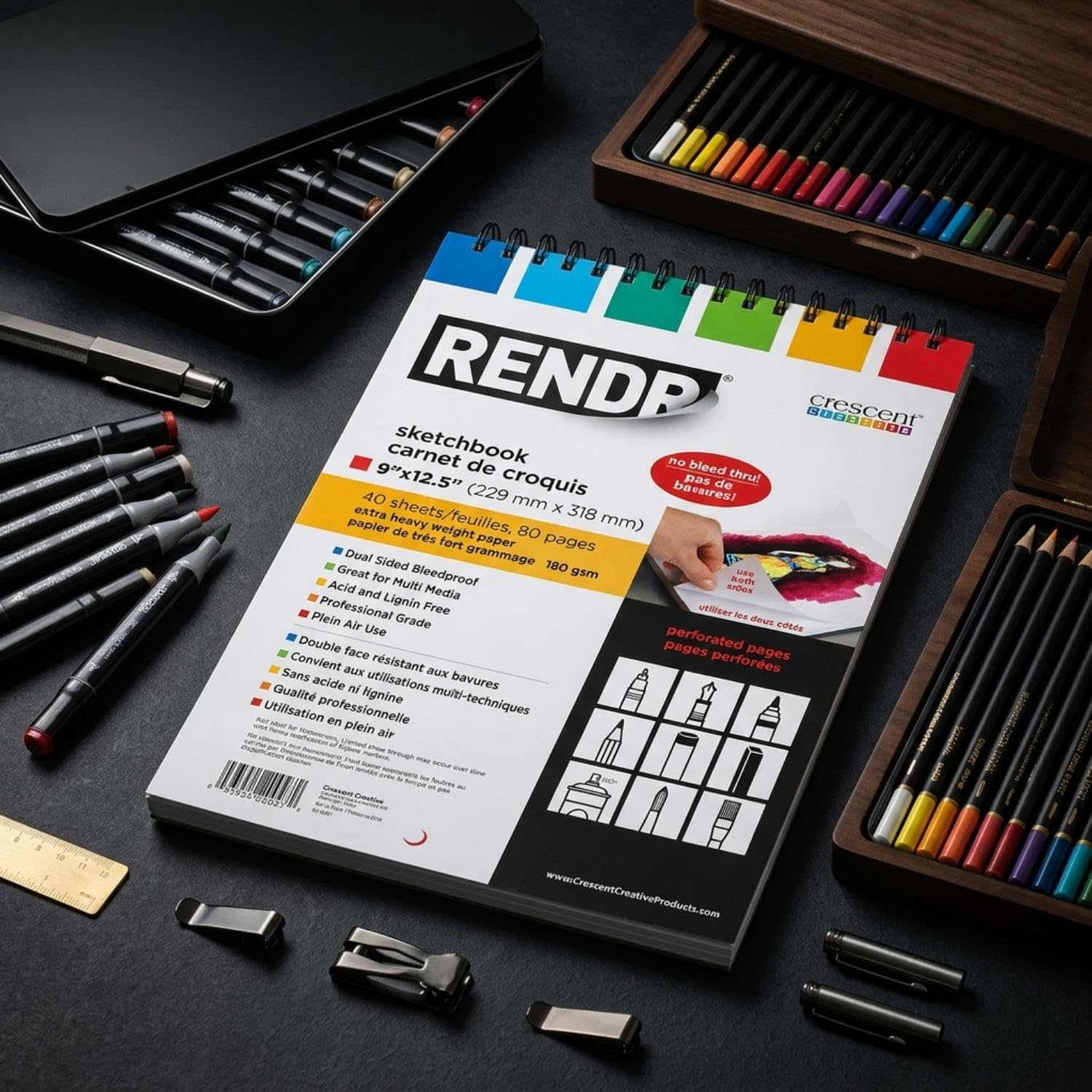 RENDR No Show Thru Pages perforées à spirales pour artiste, 22,9 x 31,8 cm, sans bavure, sans acide et sans lignine, 80 pages, tous supports, 180 g/m²