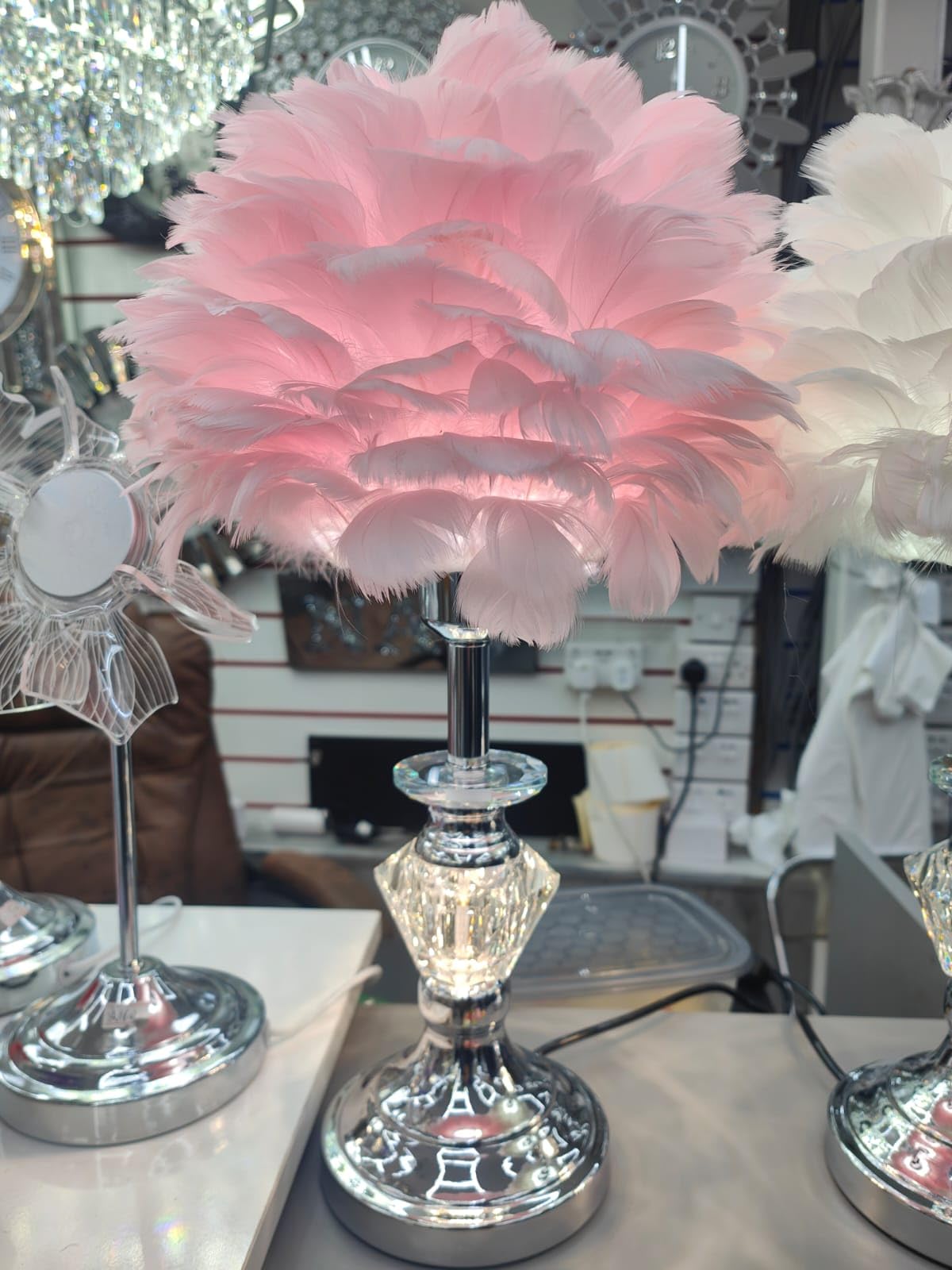 Biznest White Crystal Diamond Pink Feather Table Lamp Beautiful Bedside & Desk Table Lamp Height: 60Cm, Width: 30Cm