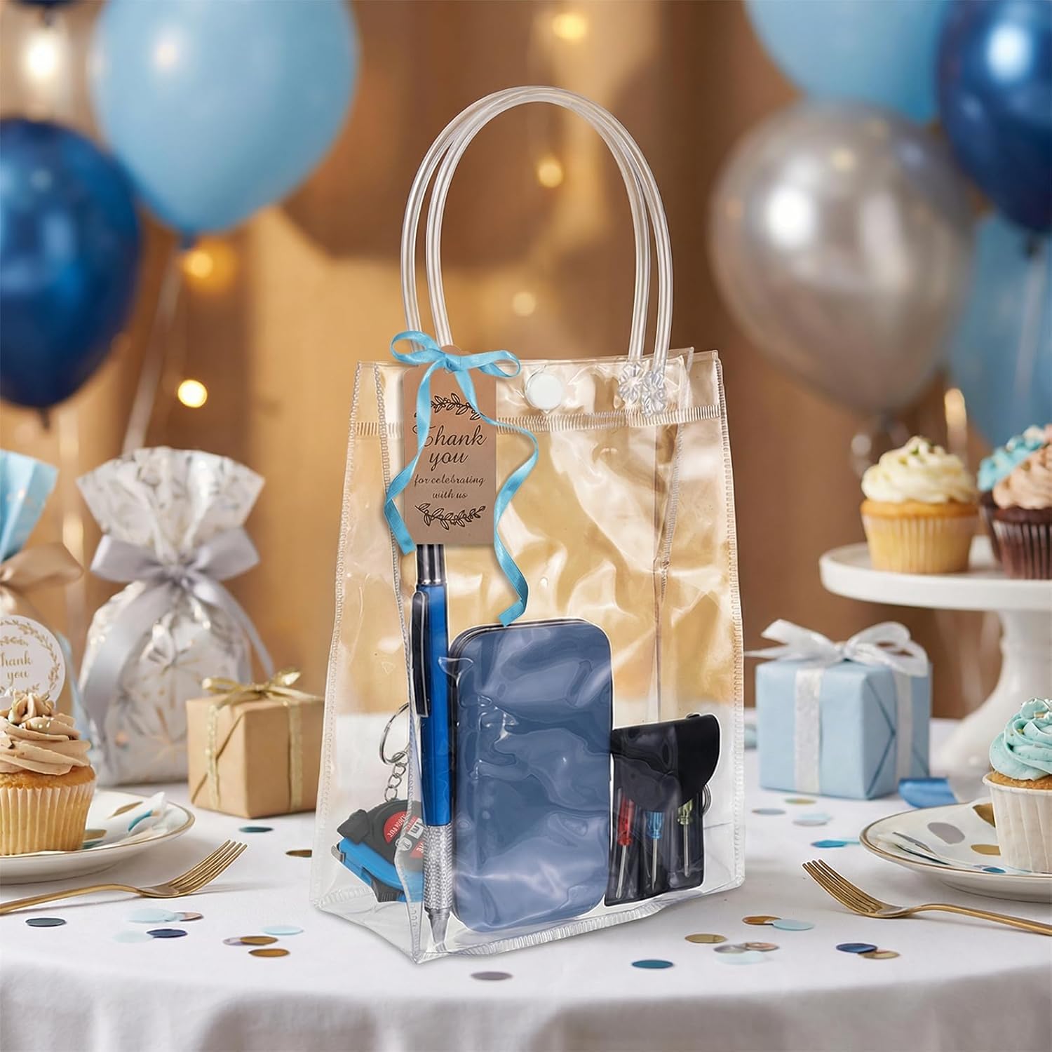 6 Set Baby Shower Prizes for Men Bachelor Party Gifts with Pen Tape Measure Keychains Screwdriver Nail Clipper Kit Cards Clear Bags Each 6 Pcs and 72ft Satin Ribbon 1 Pc