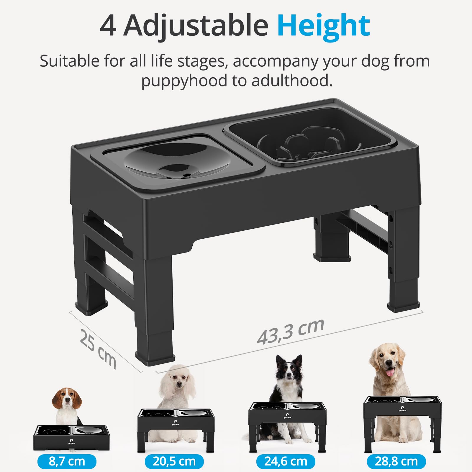 Comedero Elevado de 4 Alturas Ajustables, Bebedero Antigoteo, Antivoracidad, 2 X 1600ml para Perro Pequeño, Mediano y Grande