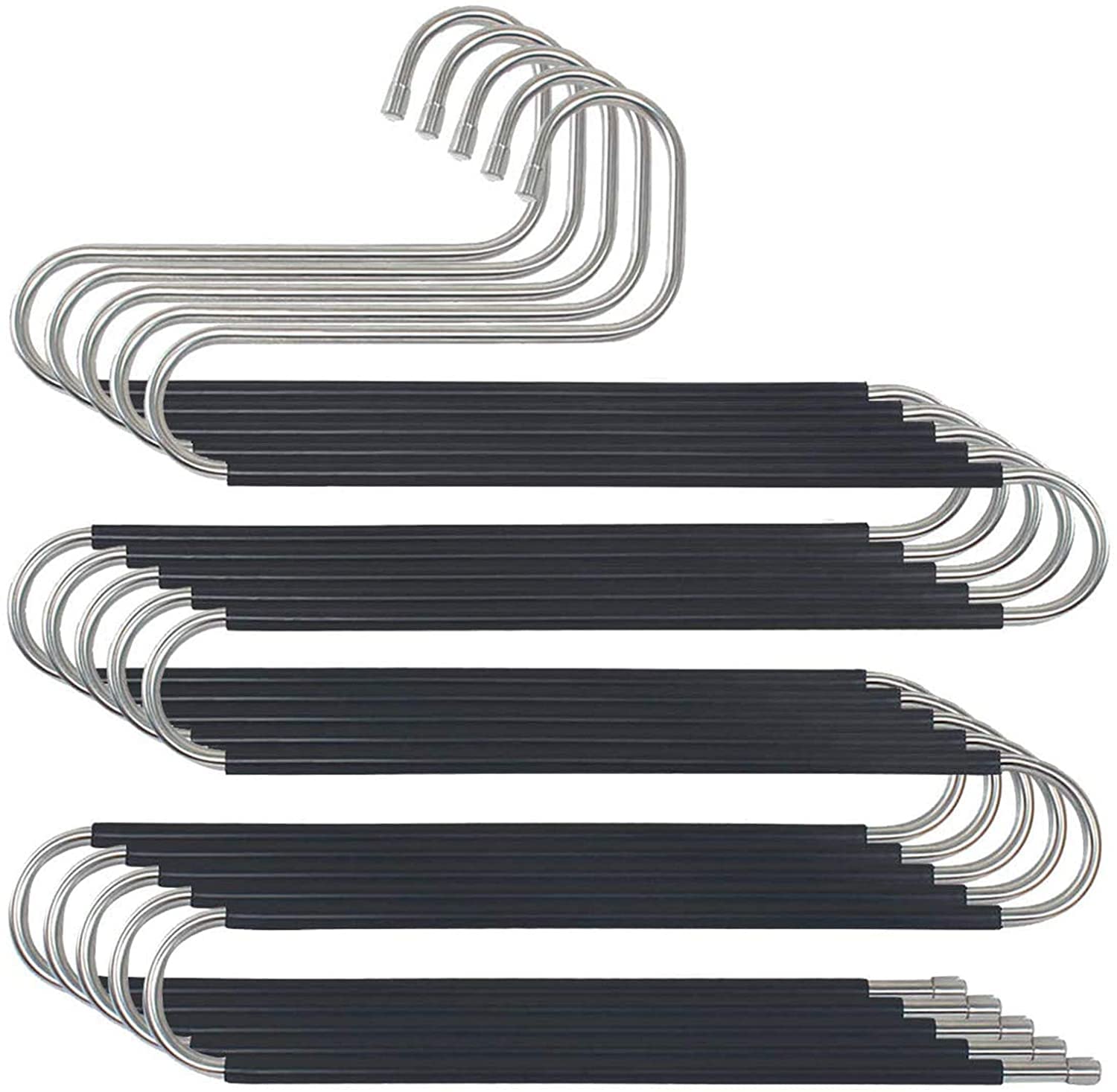 Pants Hangers, Space Save Non-slip 5 Pcs S-shape Trousers Hangers, 5 Layer Stainless Steel Clothes Hangers Space Saving, Closet Storage Organizer for Pants Jeans Scarf Hanging (Black)