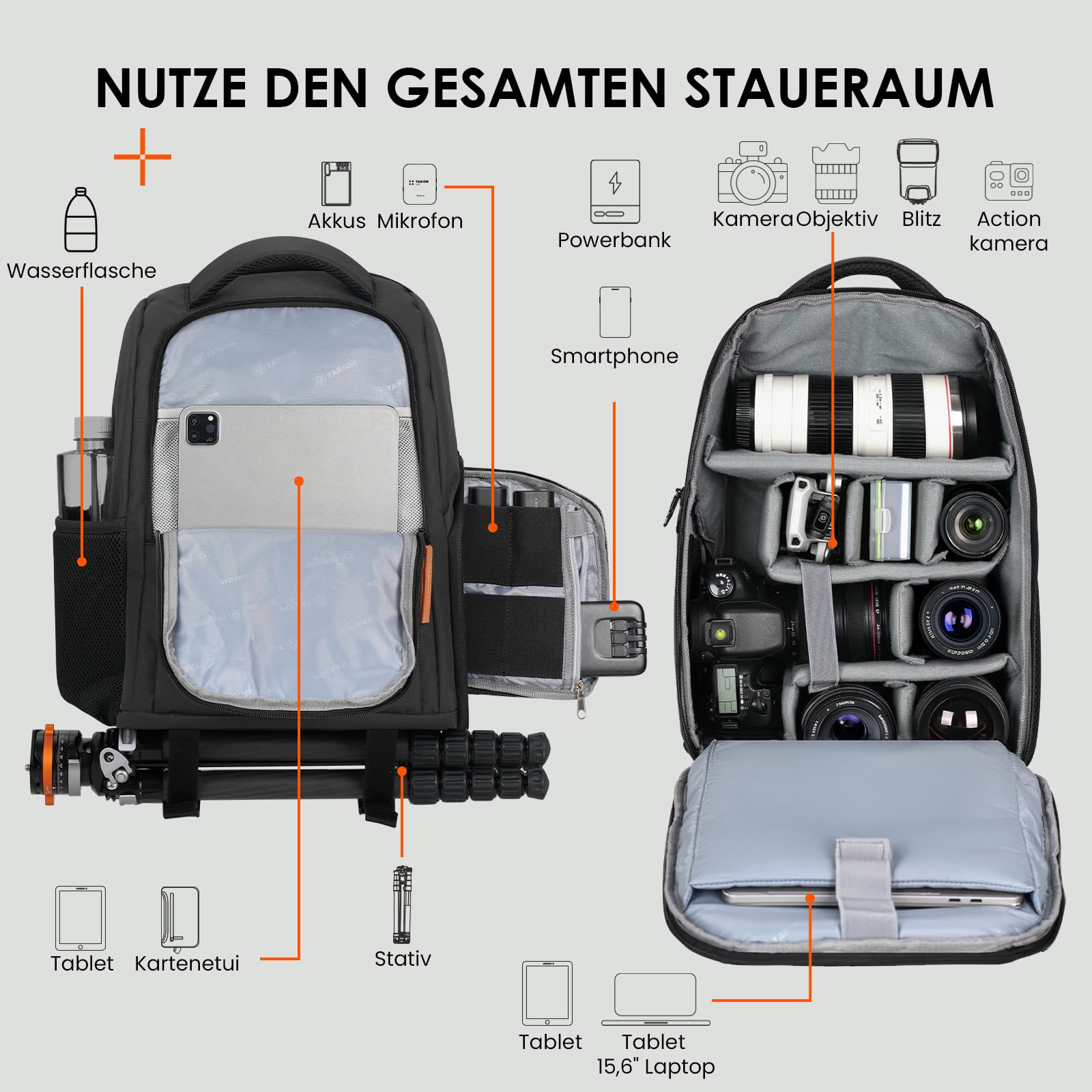 TARION Kamerarucksack Spiegelreflex Fotorucksack Wasserdicht Leicht und Kompakt Klein DSLR Rucksack mit 15 Zoll Laptopfach und Regenhaube