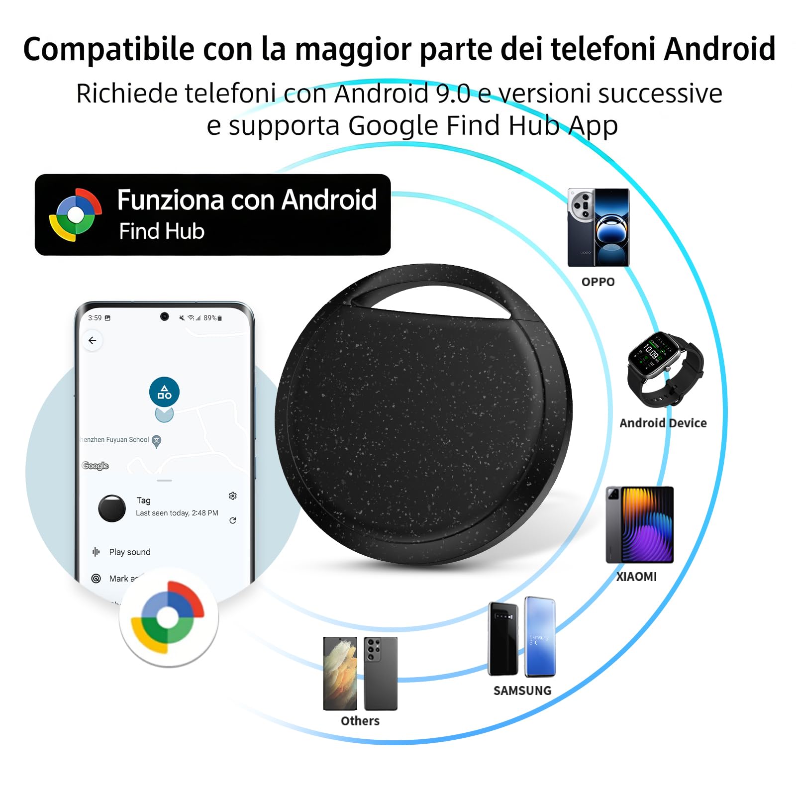 RSH Android Bluetooth Tracker Smart Tag, Works with Google Find Hub, 4 Pack, Key Finder for Wallet/Luggage/Backpack, Android Only, Loud Beep, Last Known Location (Schwarz)