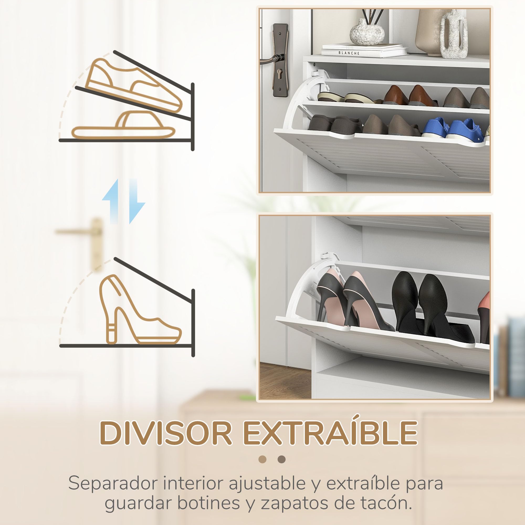 HOMCOM Zapatero Moderno de Entrada Recibidor con 2 Cajones Abatibles y Estantes Regulables para 16 Pares de Zapatos Zapatero Estrecho para Pasillo 81,5x25x83 cm Blanco