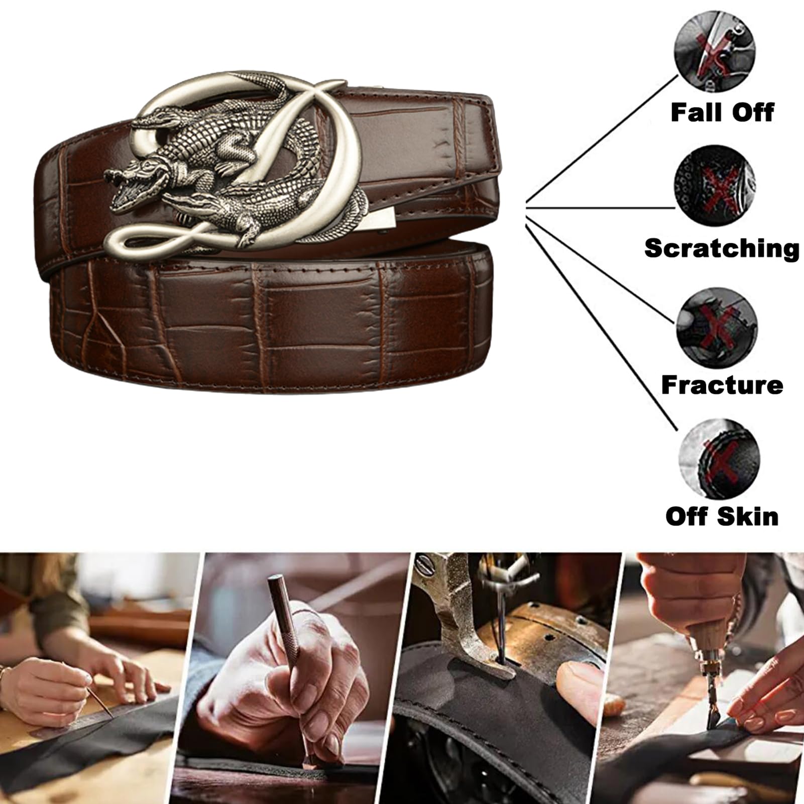 Cinturón De Cuero Con Trinquete Deslizante, Hebilla Automática Tallada En Cocodrilo, Cinturón Clásico Negocios For Ocio (130 Cm/cintura 44 "~ 46", Marrón)