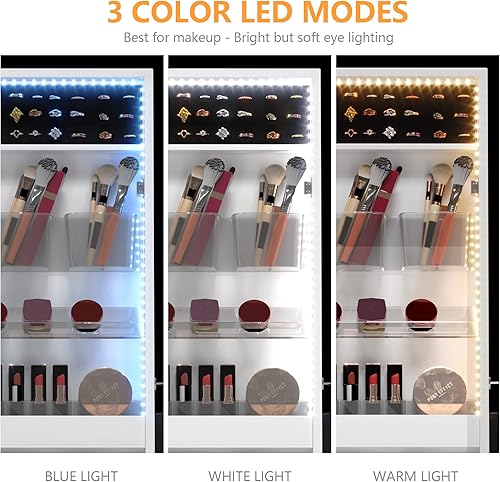 Miniatura 6 de LVSOMT Armario de joyería independiente con 3 LED con espejo de longitud completa, organizador de armario de joyería con cerradura, espejo grande