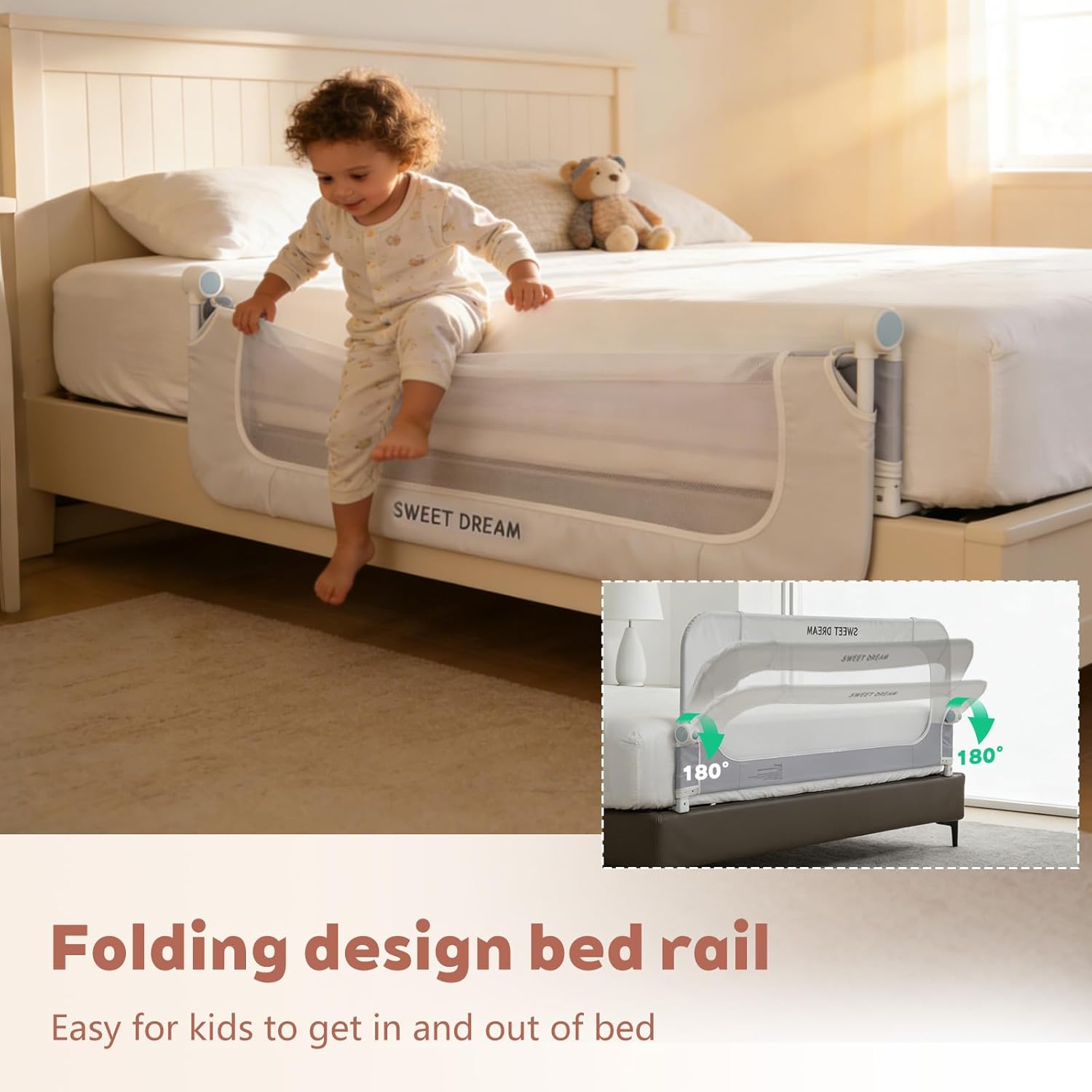 Bed Rail for Toddlers, 47in Folding Toddler Bed Rail Guard with Reinforced Anchor System & Sturdy Metal Frame, Portable Bed Railing for Baby Fits Crib,Twin, Queen & King Bed, Breathable Mesh
