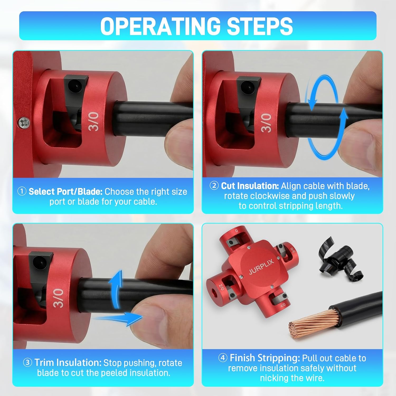 Large Cable Stripper Compatible with 2/0, 3/0, 4/0, 250 MCM, 4-in-1 Clover Design Heavy-duty Wire Stripper Tool for Insulation Removal with Safety and Speed (RED)
