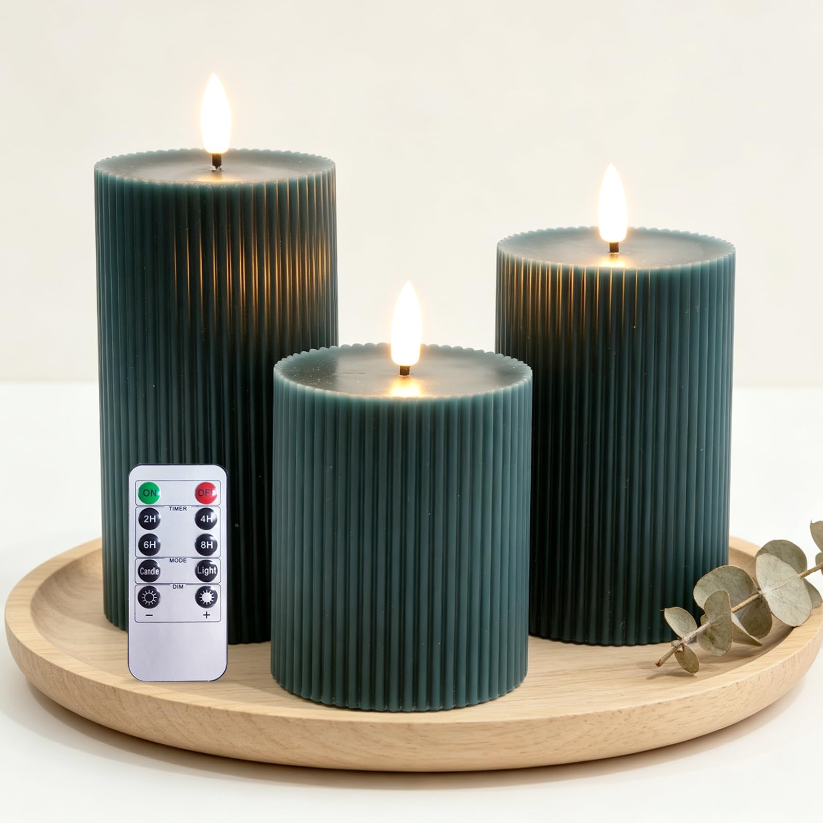 Pack de 3 Velas LED, LED Velas sin Llama, Llamas Parpadeantes Efecto de Llama Real, Material de Cera Auténtica, Funciona con Control Remoto y Temporizador, Velas Decorativas de Pilas (Verde)