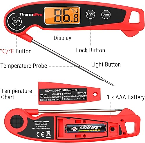 Miniatura 8 de ThermoPro TP605 Termómetro de carne de lectura instantánea para cocinar, termómetro digital impermeable para alimentos con gran pantalla LCD