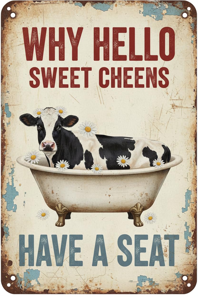 Art Decoration Funny Cow Bathroom Tin Sign Vintage Art Wall Decor Sign for Home Bar Pub Cafe Farm Room 8"x12"