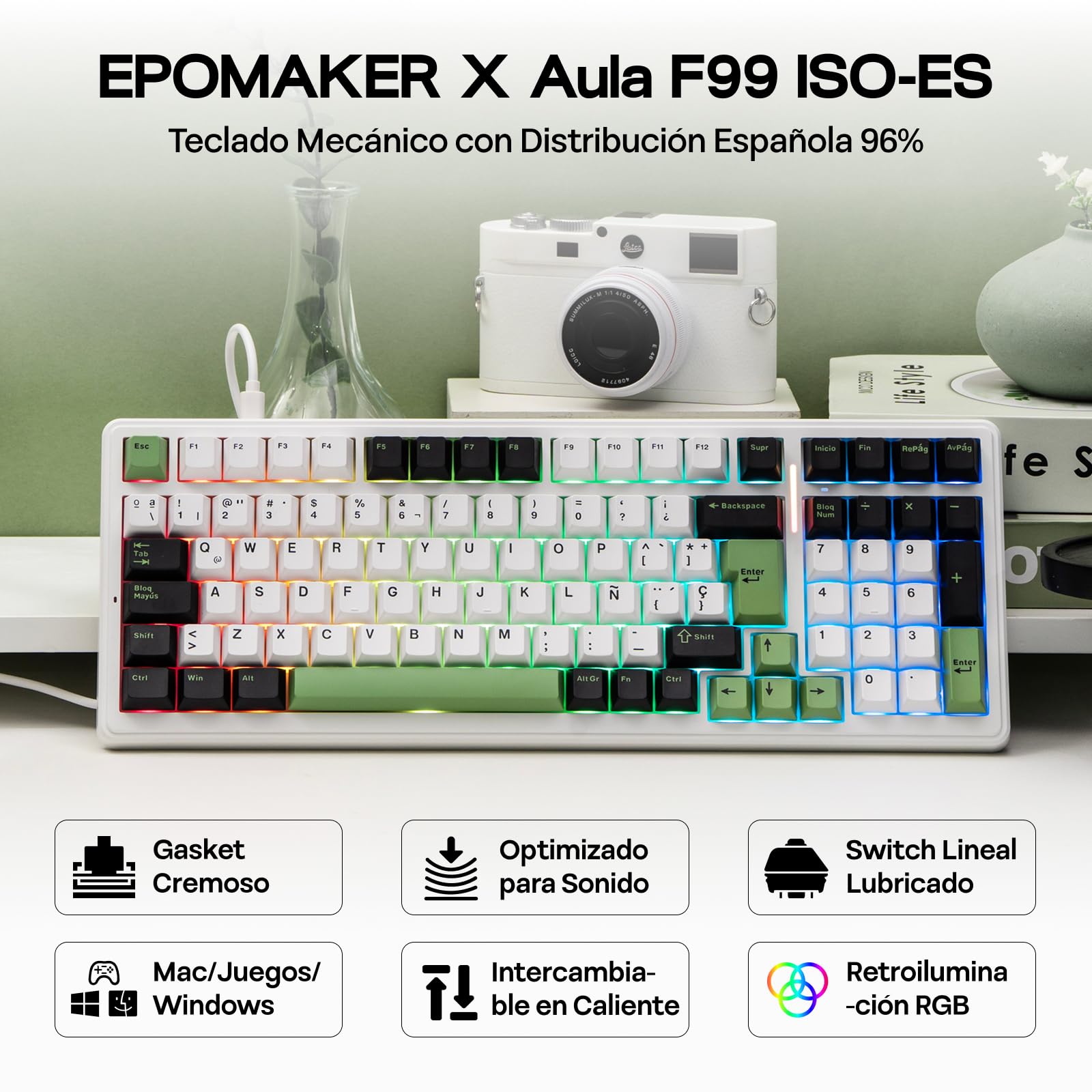 EPOMAKER x Aula F99 ISO-ES Teclado Mecánico con Cable, Distribución Española 96%, Hot Swap, Interruptores Lubricados, Teclas PBT, RGB, Teclado Numérico, Gasket Suave, para Gaming/Oficina(Blanco Verde) — view 2