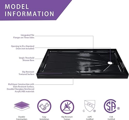 Miniatura 3 de CKB Base de ducha de drenaje derecho de 60 pulgadas de largo x 32 pulgadas de ancho, bandeja de ducha de un solo umbral con superficie texturizada