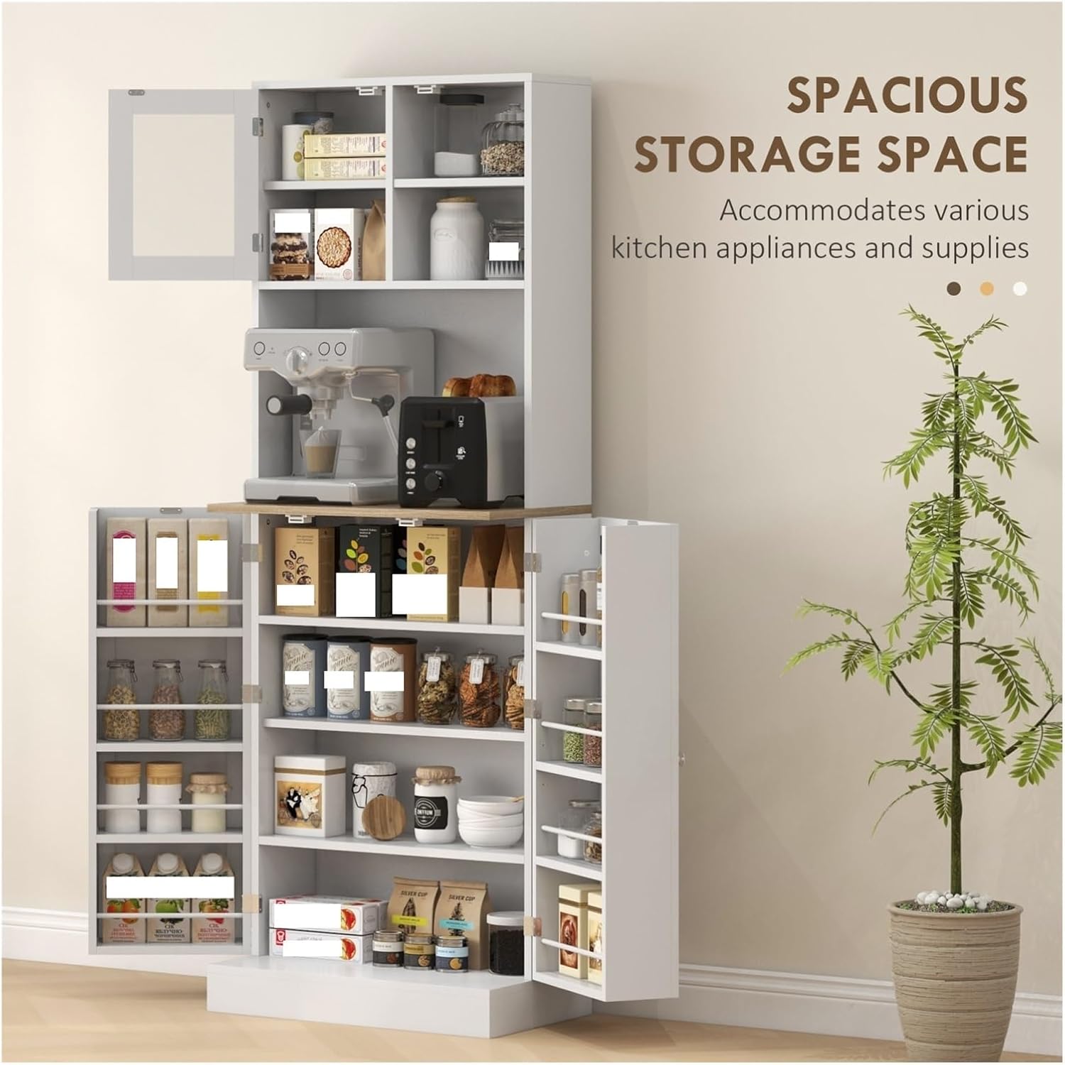 66.5" Pantry Cabinet with Microwave Stand, Freestanding Kitchen Storage Cabinet with Hutch, 8 Door Shelves, Adjustable Shelves,for Dining Room, White,for The Kitchen