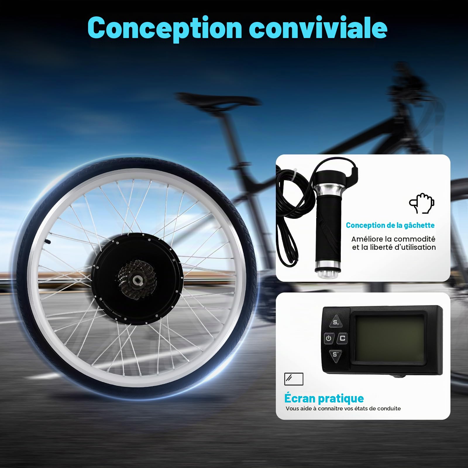 Kit de conversion de vélo électrique 26" 48 V 1000 W pour roue arrière, avec écran LCD, capteur PAS, frein à disque, contrôleur intégré, moteur moyeu sans balais