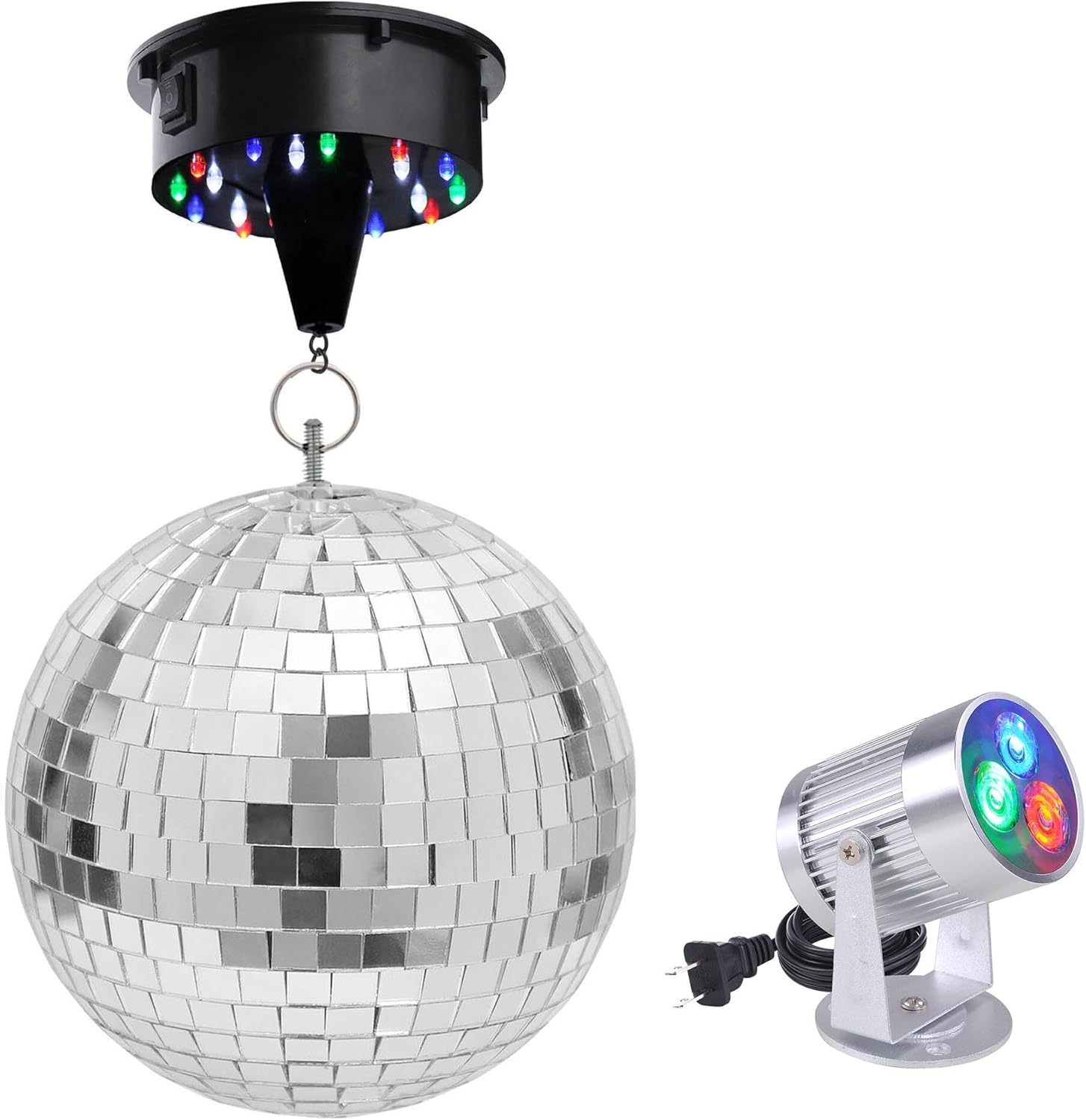 Yescom 12" Mirror Disco Ball w/Rotating Motor & 3W 3 LEDs Multi-Color Pinspot Spot Light Kit Home Party Disco