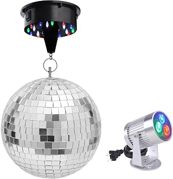 Yescom 12" Mirror Disco Ball w/Rotating Motor & 3W 3 LEDs Multi-Color | Pinspot Spot Light Kit Home Party Disco